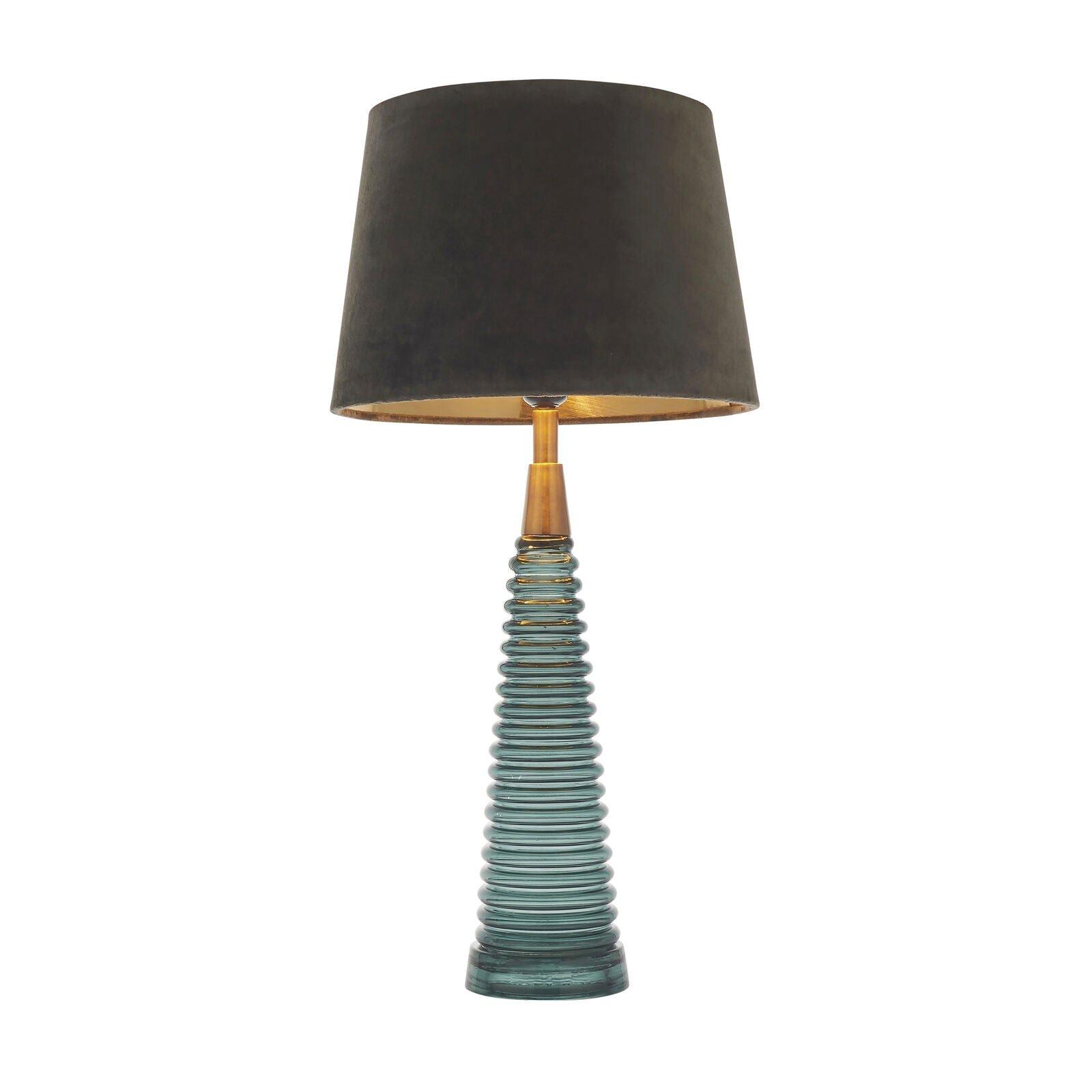 Table Lamp - Teal Ribbed Glass, Antique Brass Effect & Mocha Velvet - 40W E27