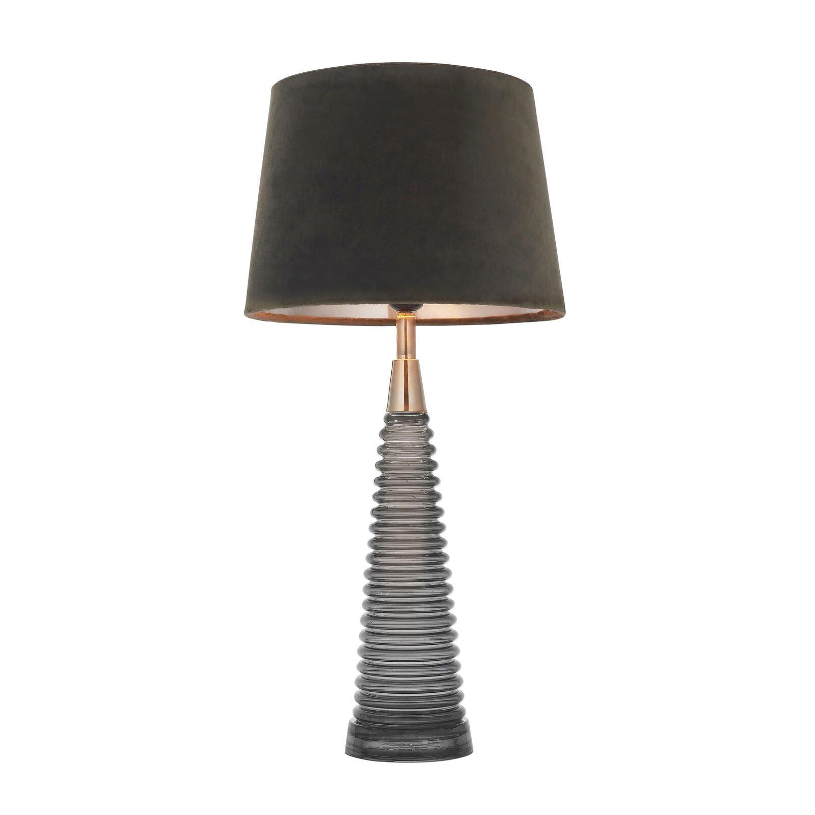 Table Lamp - Charcoal Ribbed Glass, Bright Nickel Plate & Mocha Velvet - 40W E27