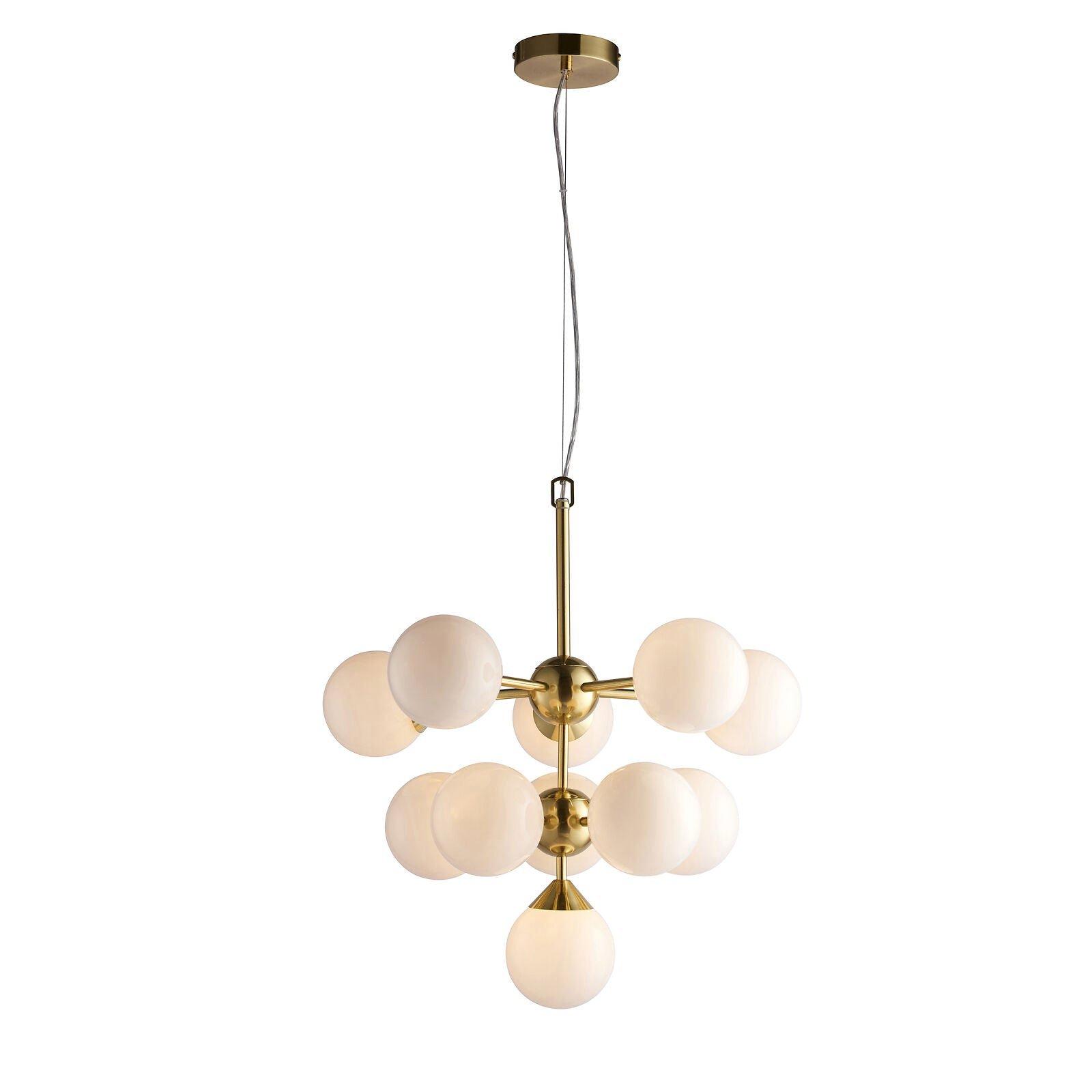 Ceiling Pendant Light Satin Brass Plate & Gloss White Glass 11 x 18W G9