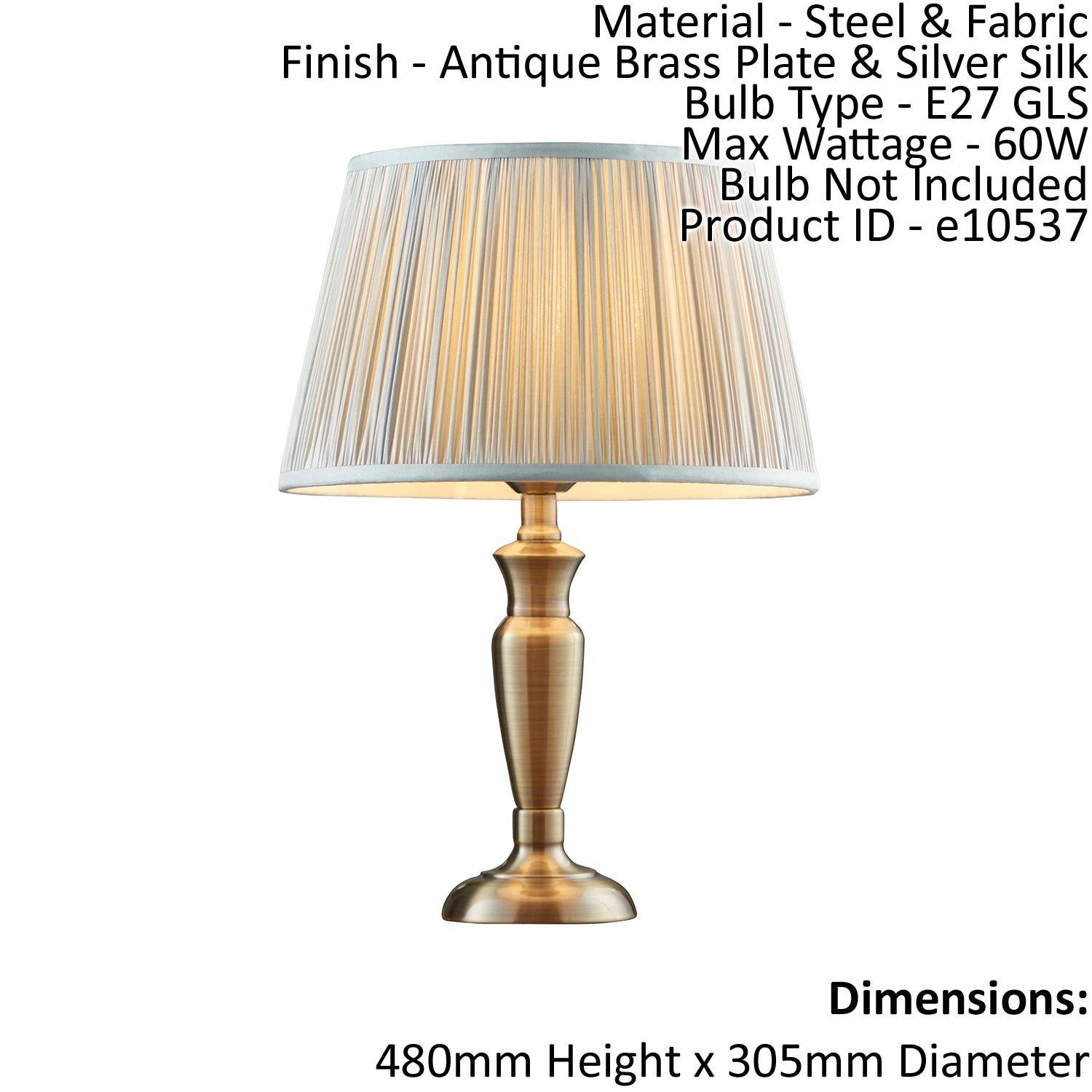 Table Lamp Antique Brass & Silver Silk 60W E27 GLS Base & Shade e10245