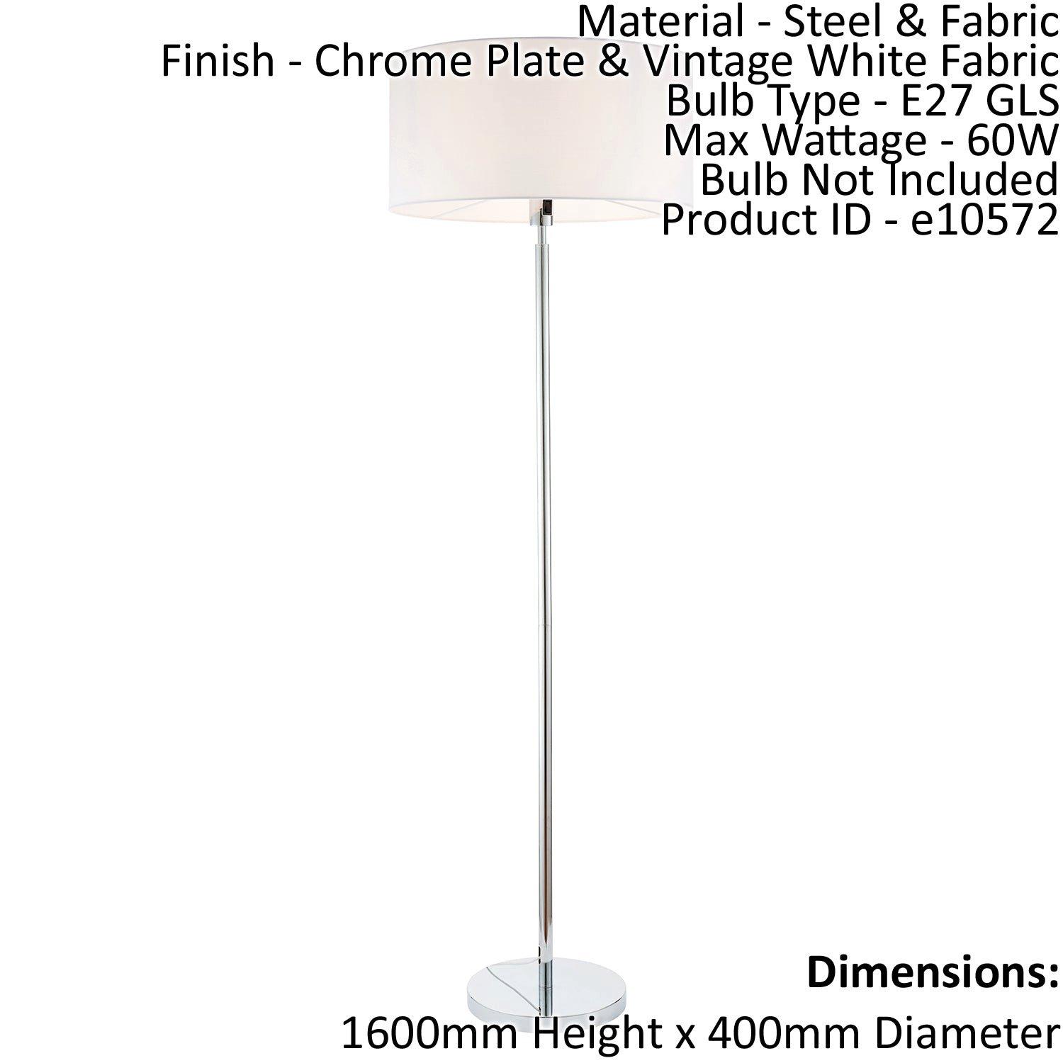 Floor Lamp Light Chrome & Vintage White Fabric 60W E27 Base & Shade e10572