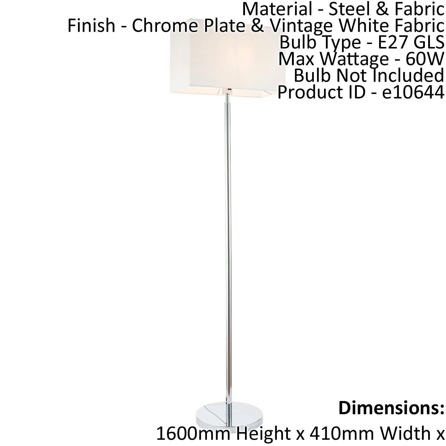 Floor Lamp Light Chrome & Vintage White Fabric 60W E27 Base & Shade e10644