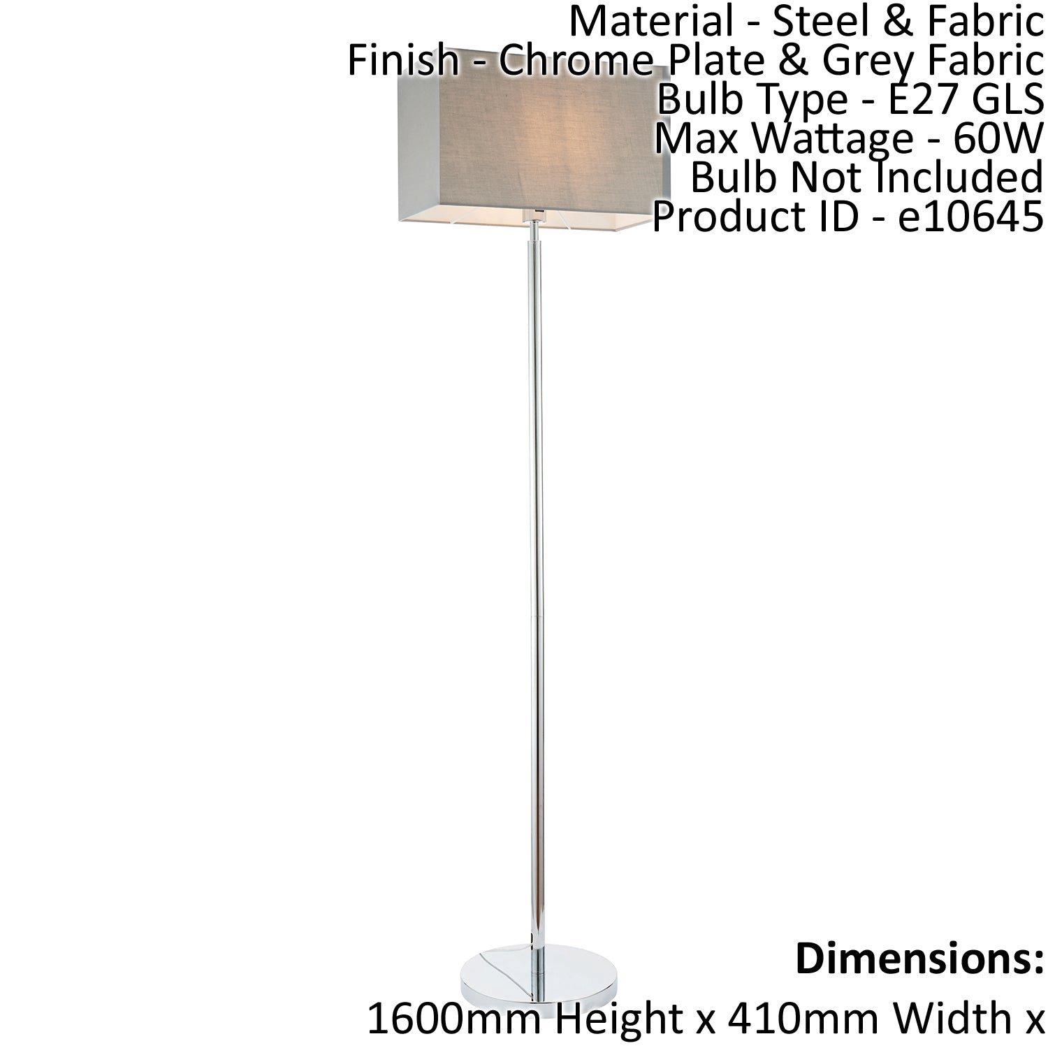 Floor Lamp Light Chrome & Grey Fabric 60W E27 Standing Base & Shade e10645