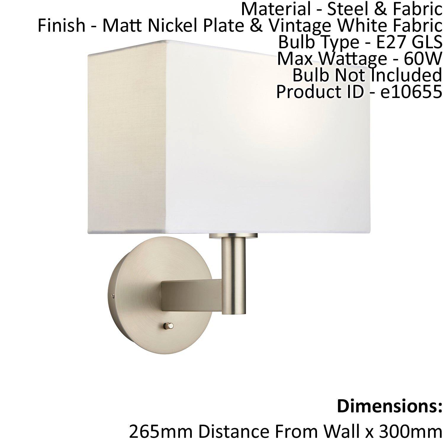 Wall Light Matt Nickel Plate & Vintage White Fabric 60W E27 GLS e10655