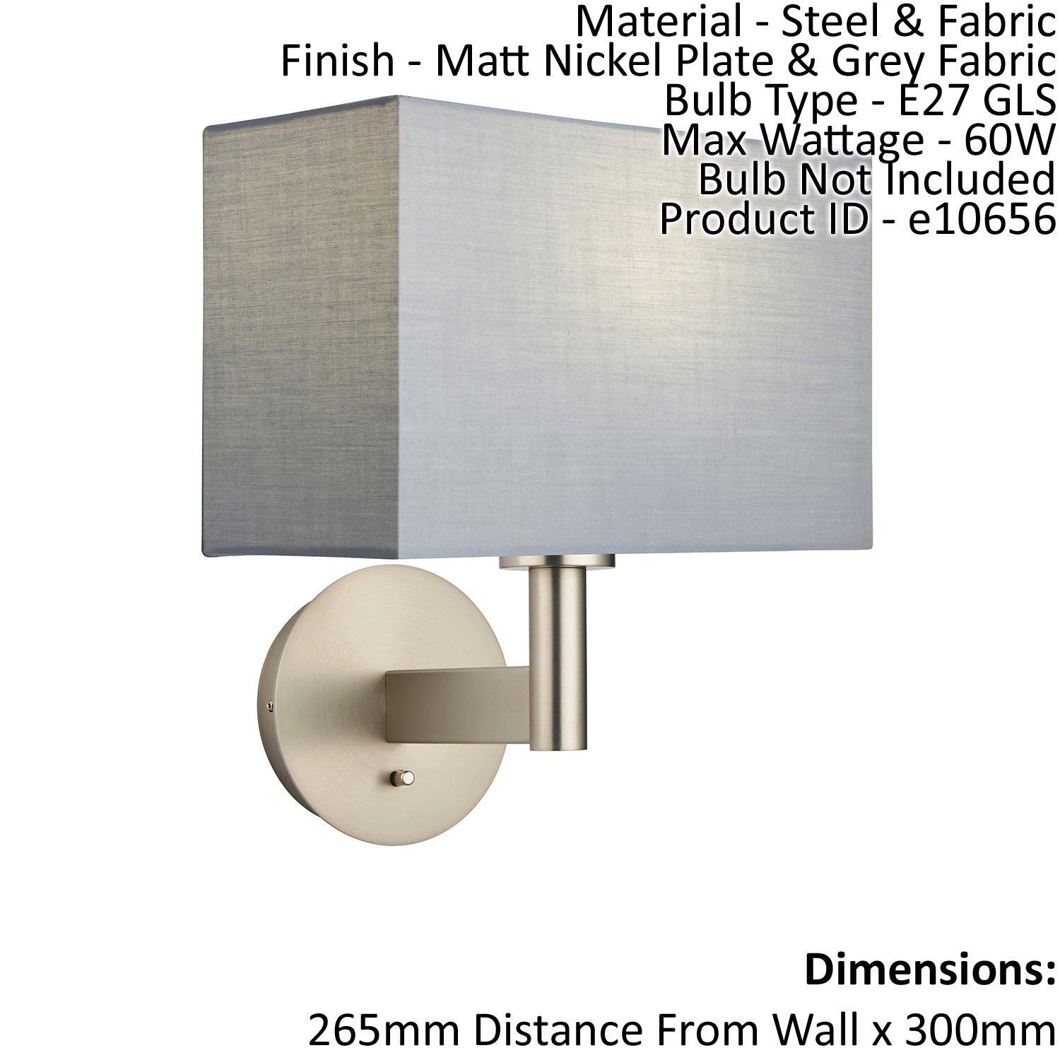 Wall Light & Shade Matt Nickel & Grey Fabric 60W E27 Living Room e10656