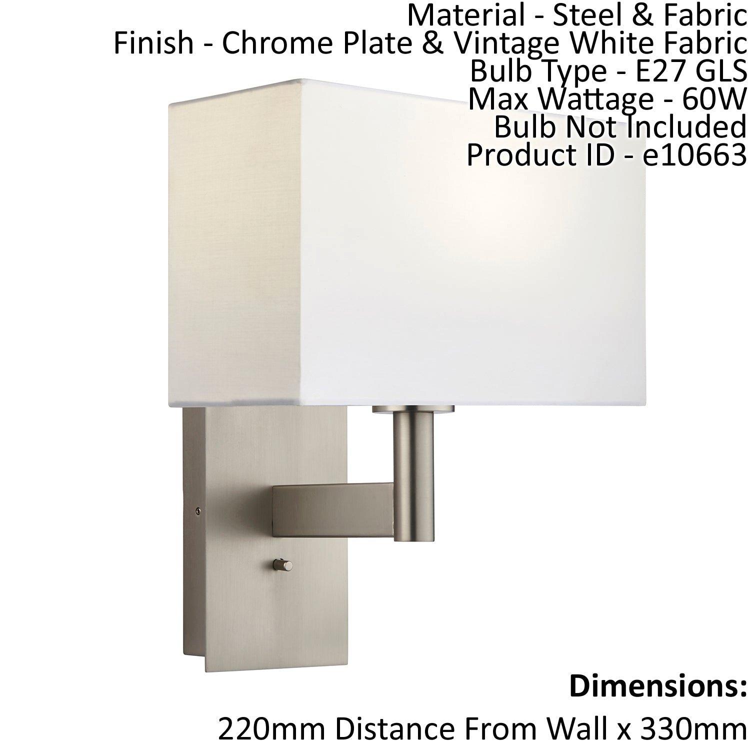 Wall Light & Shade Chrome Plate & Vintage White Fabric 60W E27 GLS e10663