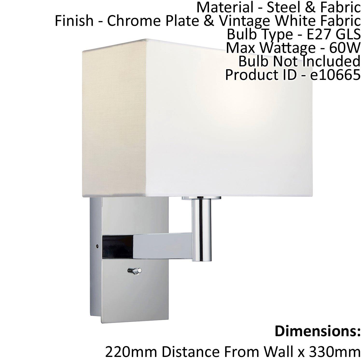 Wall Light & Shade Chrome Plate & Vintage White Fabric 60W E27 GLS e10665