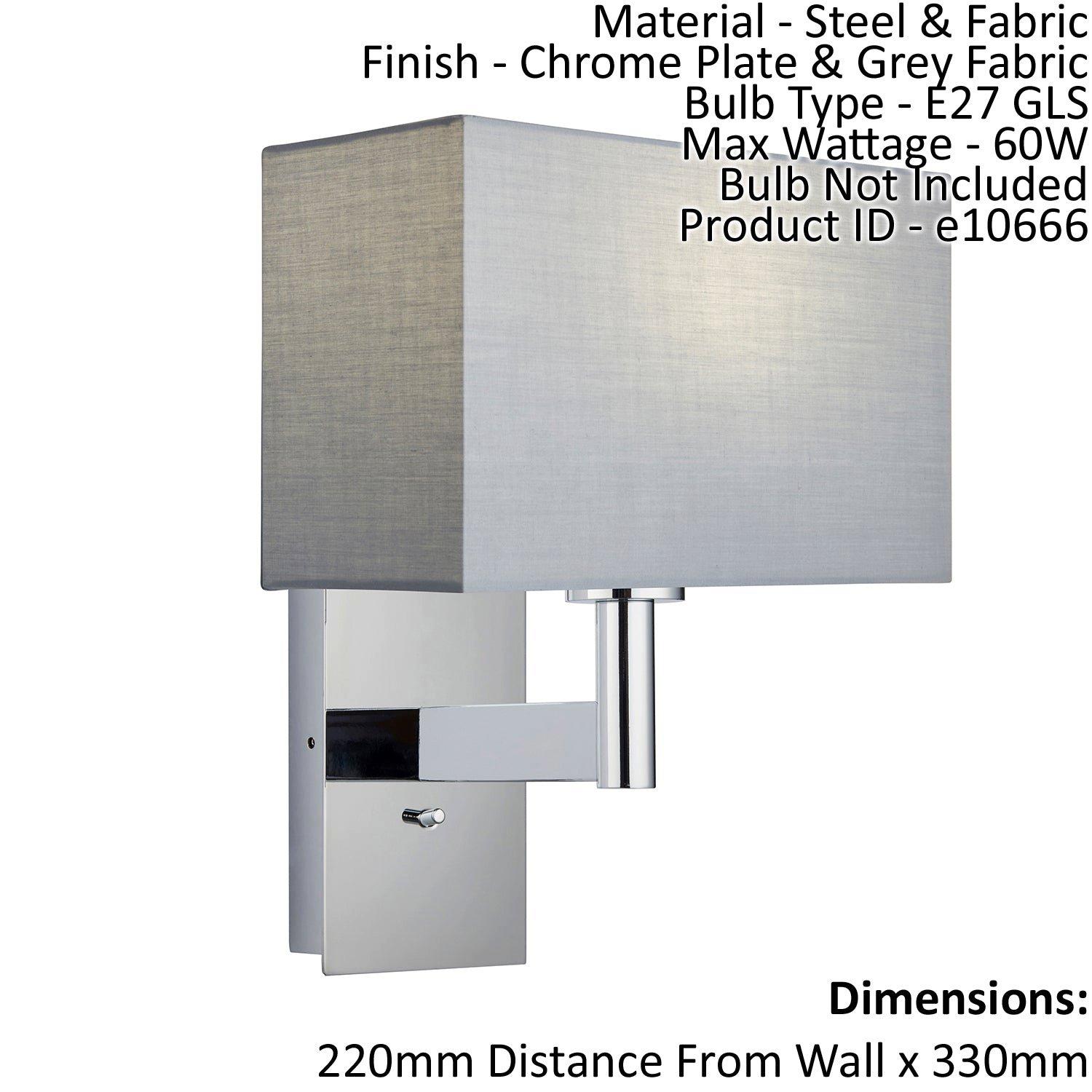 Wall Light & Shade Chrome Plate & Grey Fabric 60W E27 USB Socket e10666