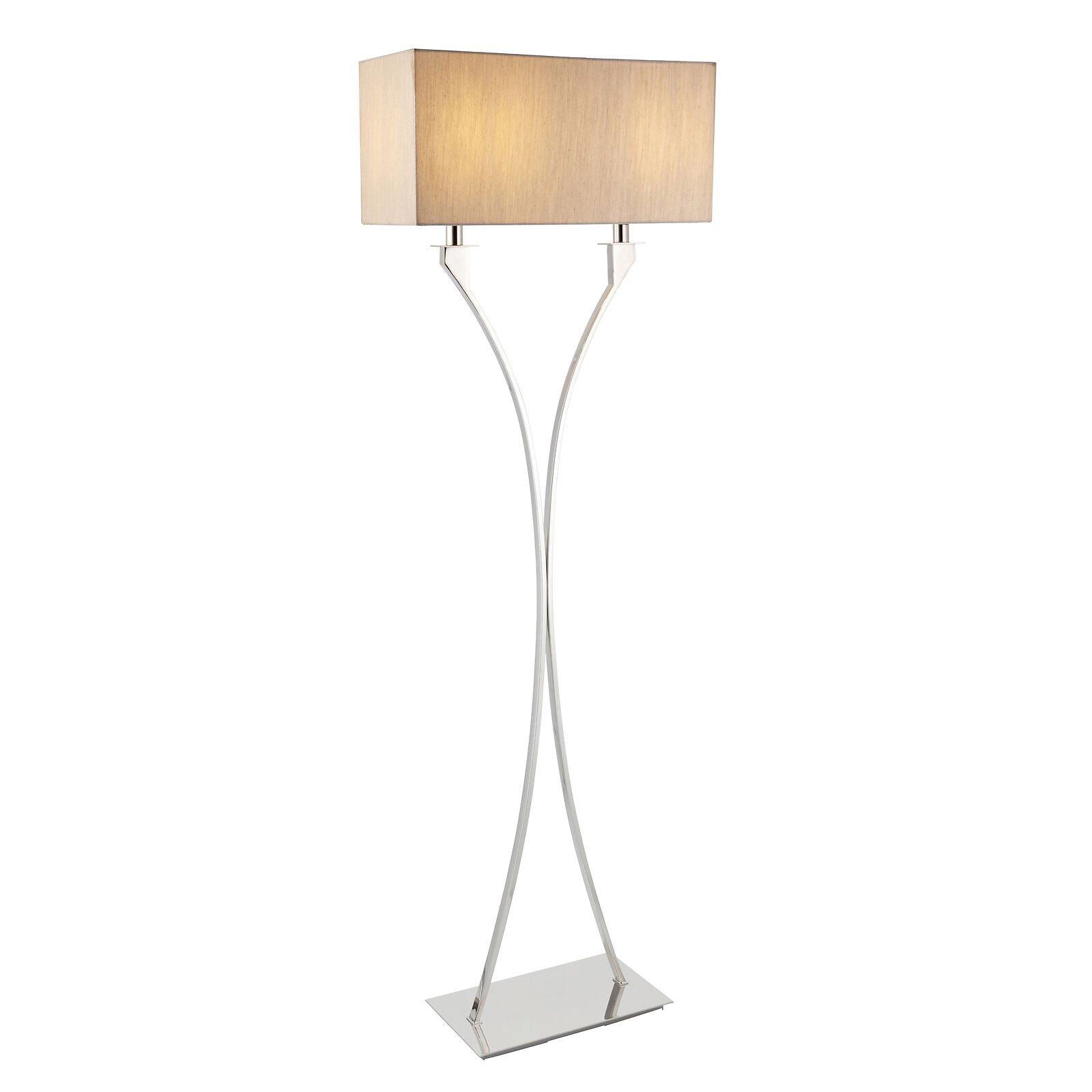 Floor Lamp Light Polished Nickel & Beige Fabric 2 x 60W E27 Complete Lamp