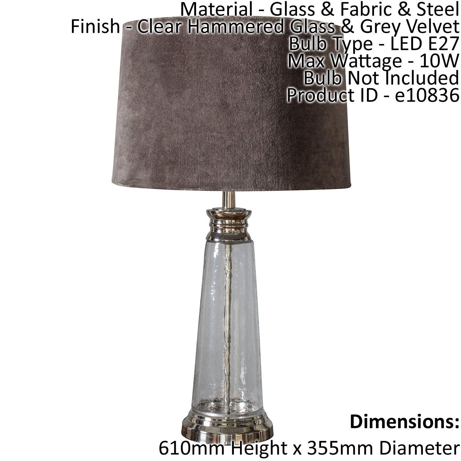 Table Lamp Clear Hammered Glass & Grey Velvet 10W LED E27 Base & Shade