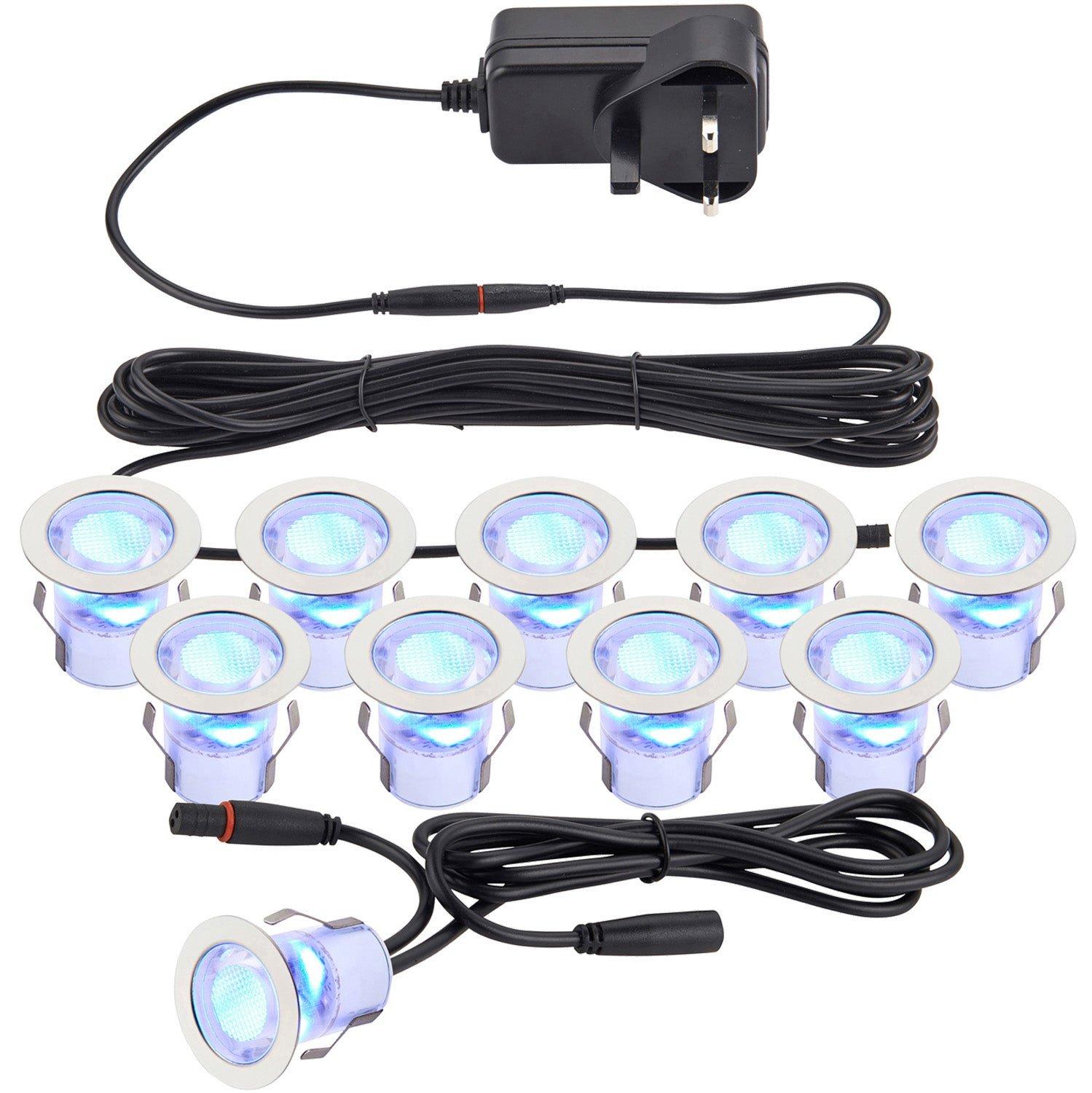 Recessed IP44 Decking Guide Light Kit - 10 x Blue Light LED - Stainless Steel