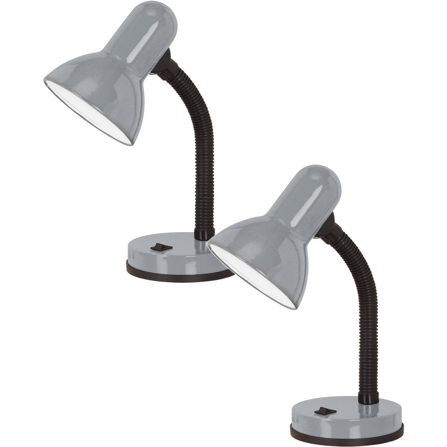 2 PACK Table Lamp Colour Flexible Silver Shade & Base In Line Switch E27 1x40W