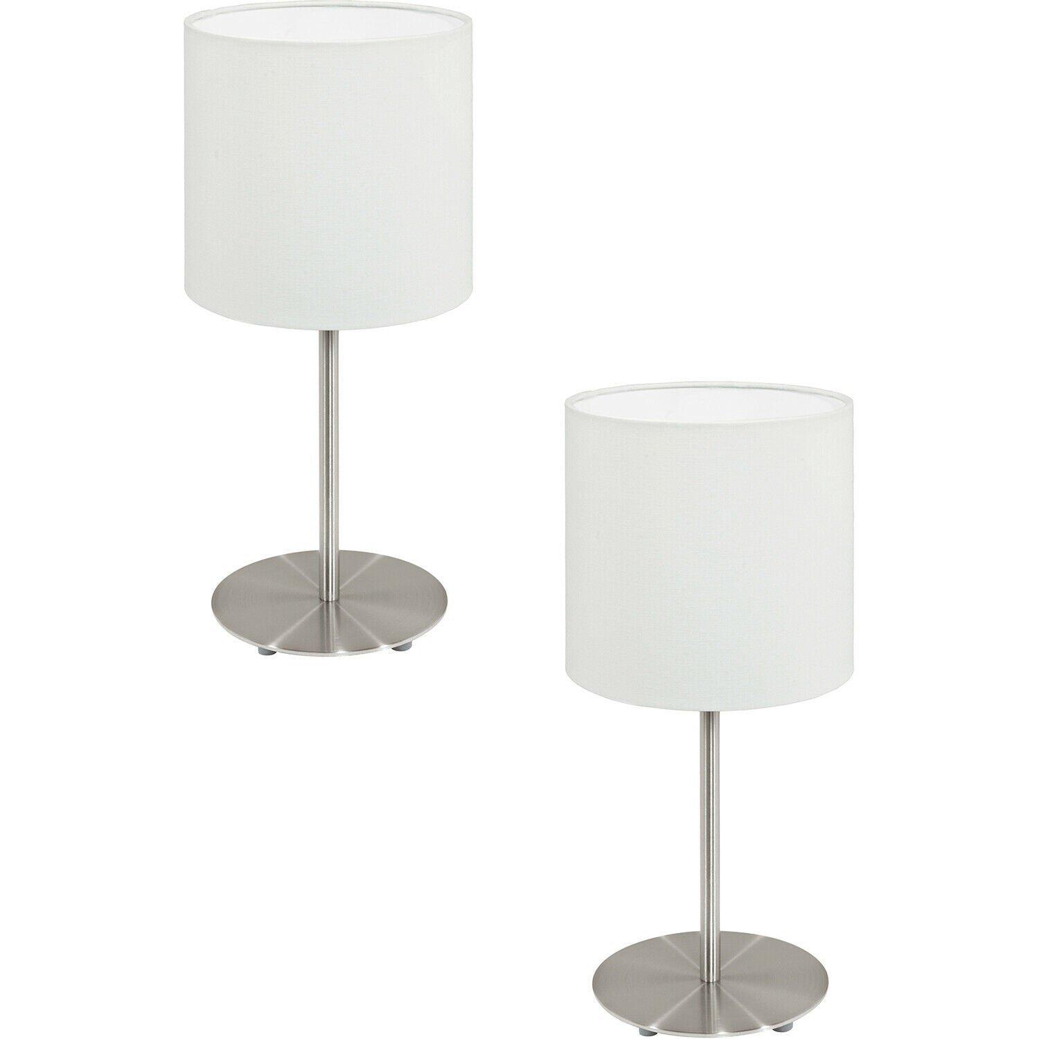 2 PACK Table Desk Lamp Colour Satin Nickel Steel Shade White Fabric E14 1x40W
