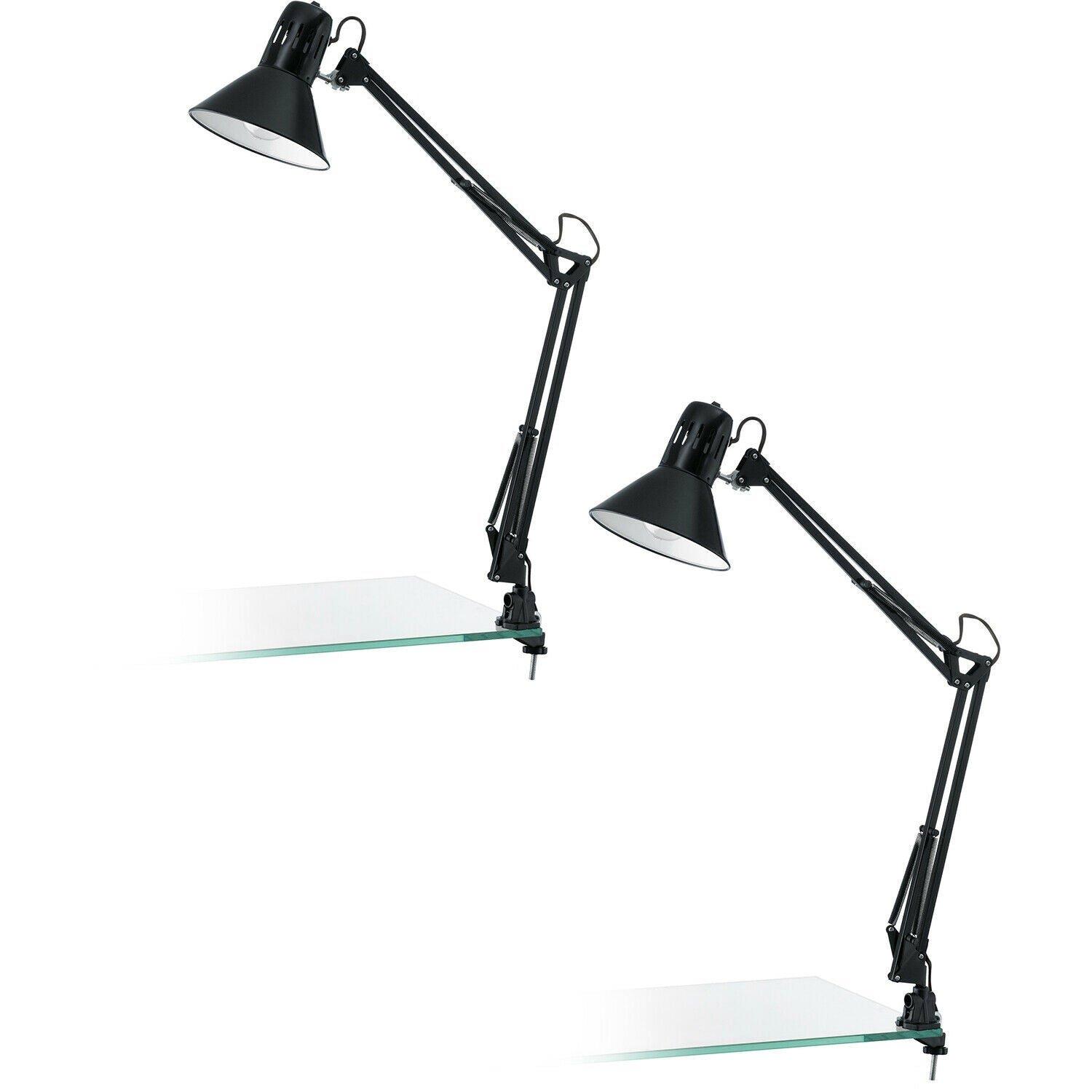 2 PACK Table Desk Lamp Shiny Black Steel Moveable In Line Switch Bulb E27 1x40W