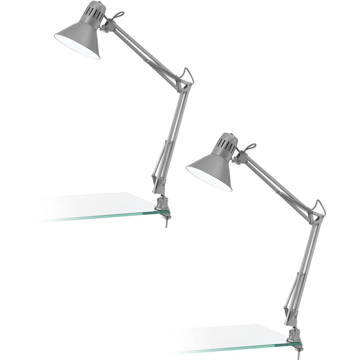 2 PACK Table Desk Lamp Clamp Moveable Silver Steel In Line Switch E27 1x40W