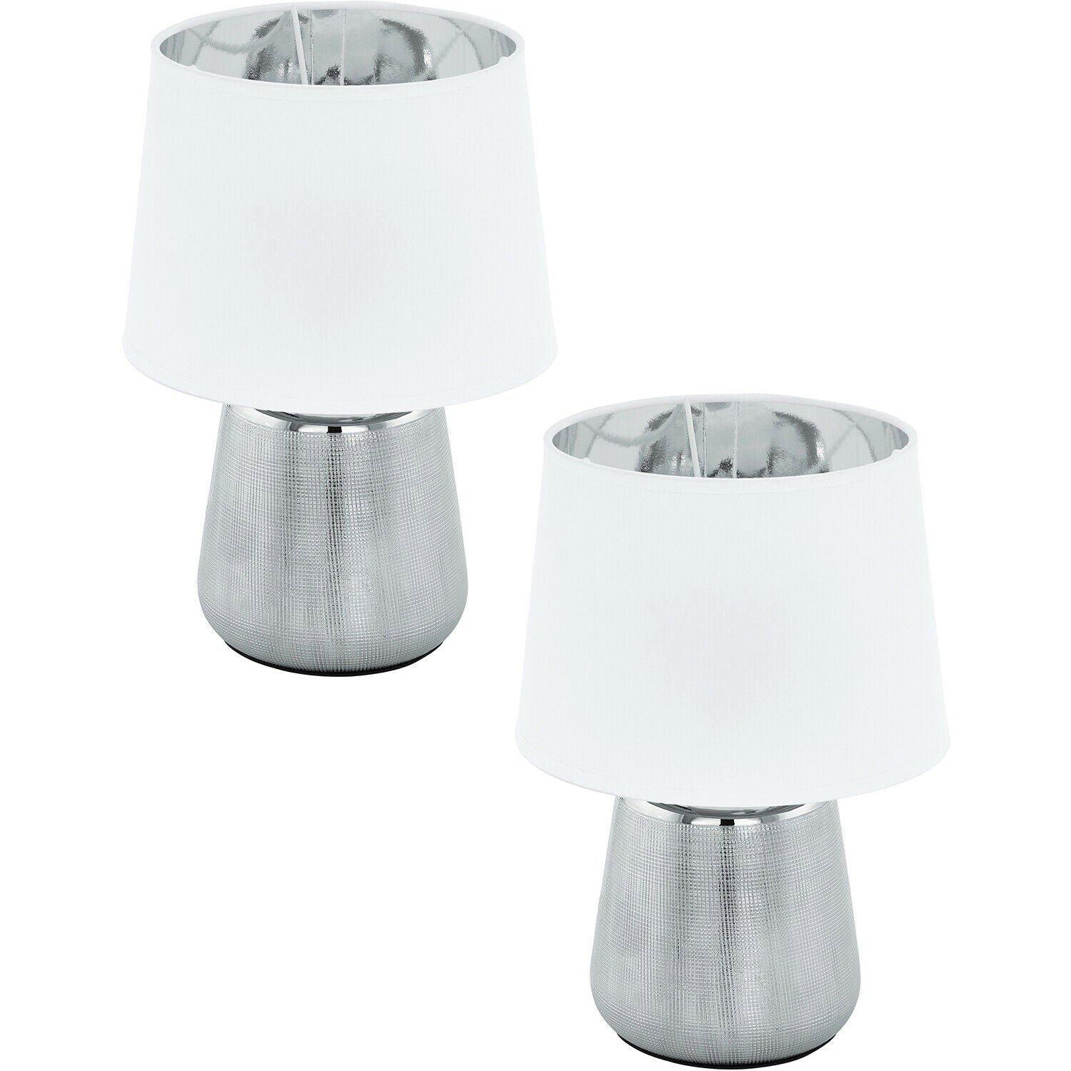 2 PACK Table Lamp Colour Silver Base Shade White & Silver Fabric E14 1x 40W