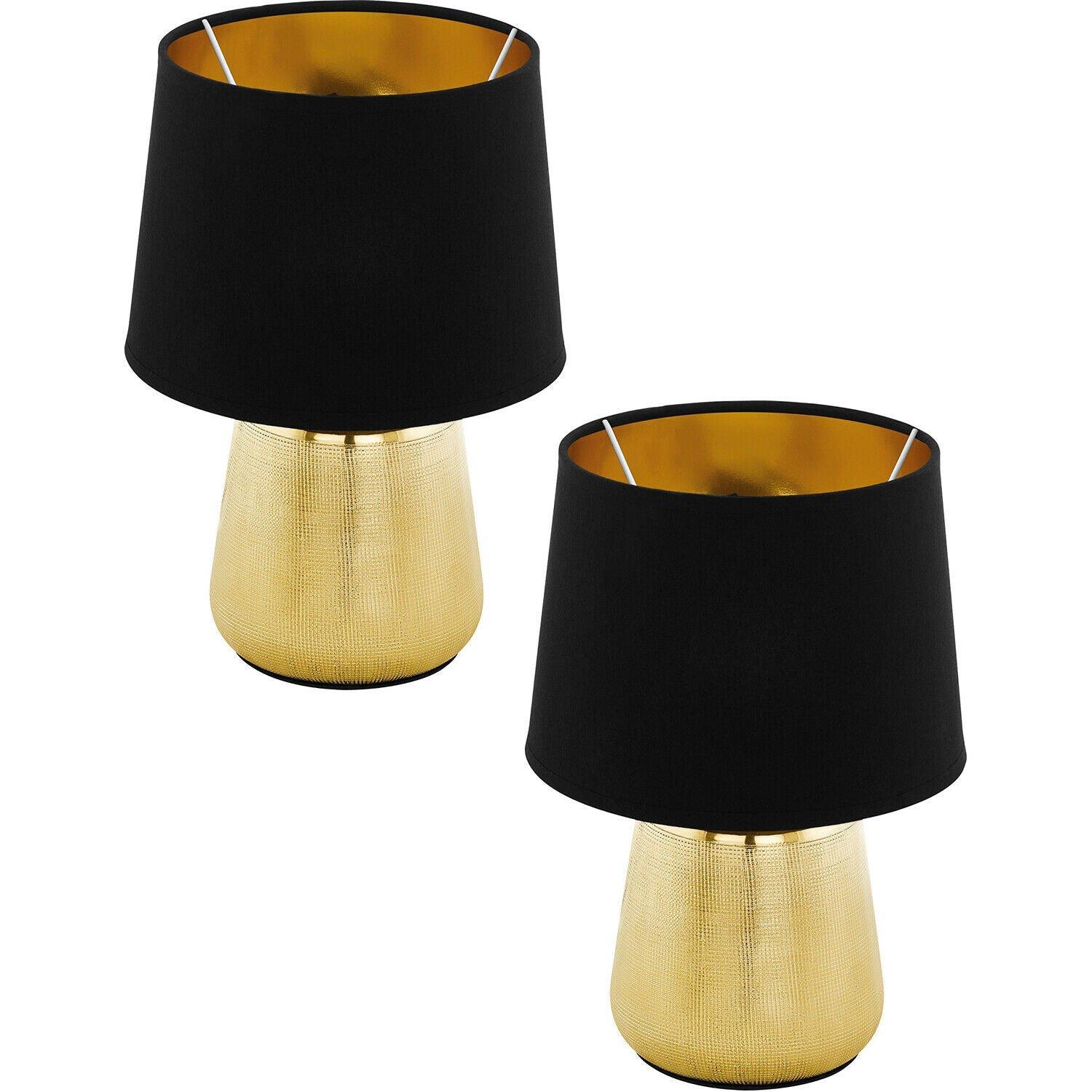 2 PACK Table Lamp Colour Gold Coloured Shade Black Gold Fabric Bulb E14 1x40W