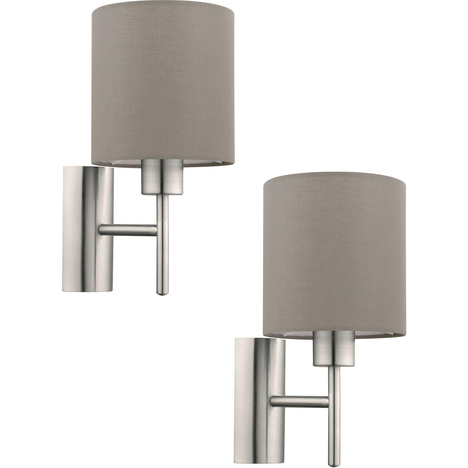 2 PACK Wall Light Colour Satin Nickel Shade Taupe Fabric Rocker Switch E27 60W