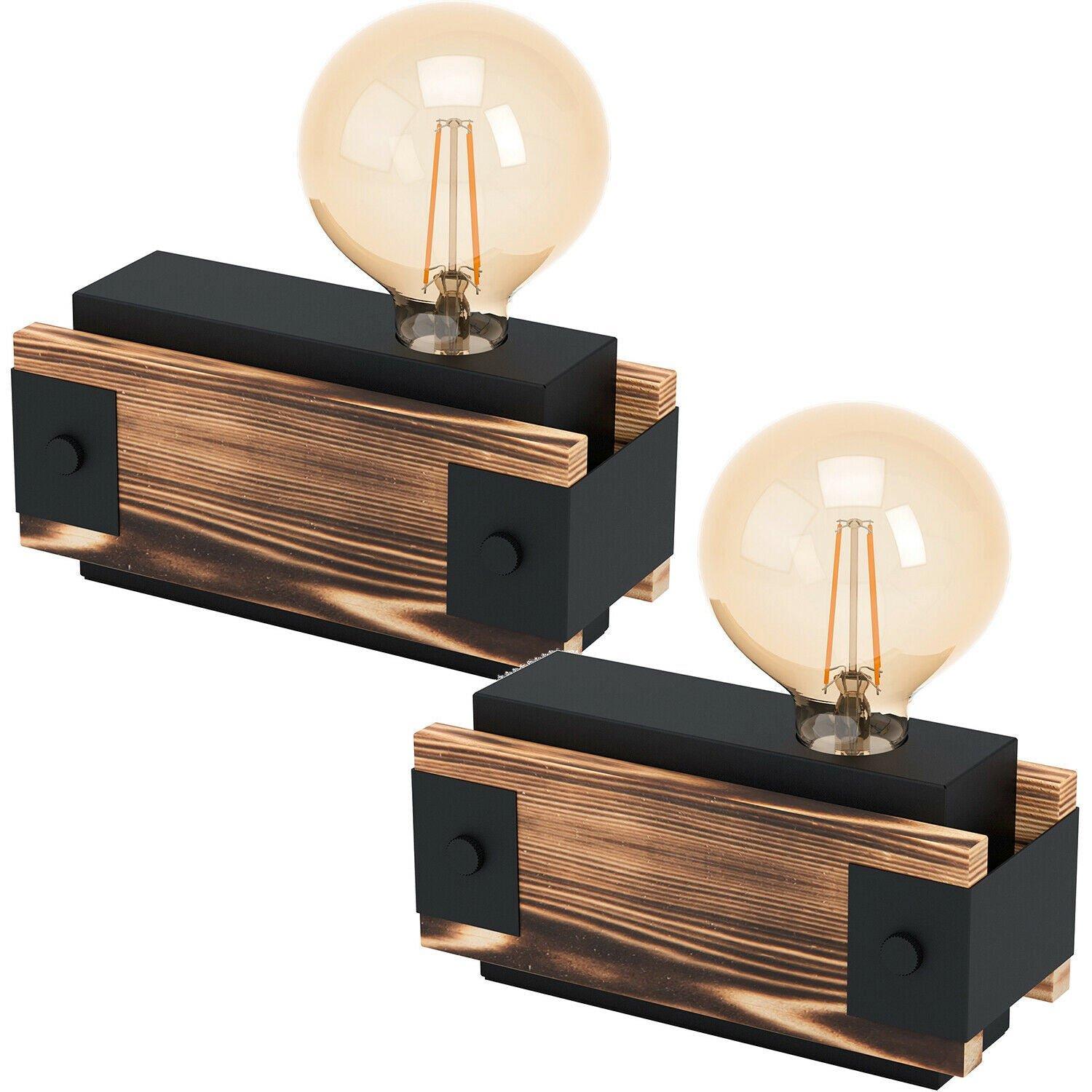 2 PACK Table Lamp Desk Light Black Steel & Wood Bedside Box 1x 16W E27