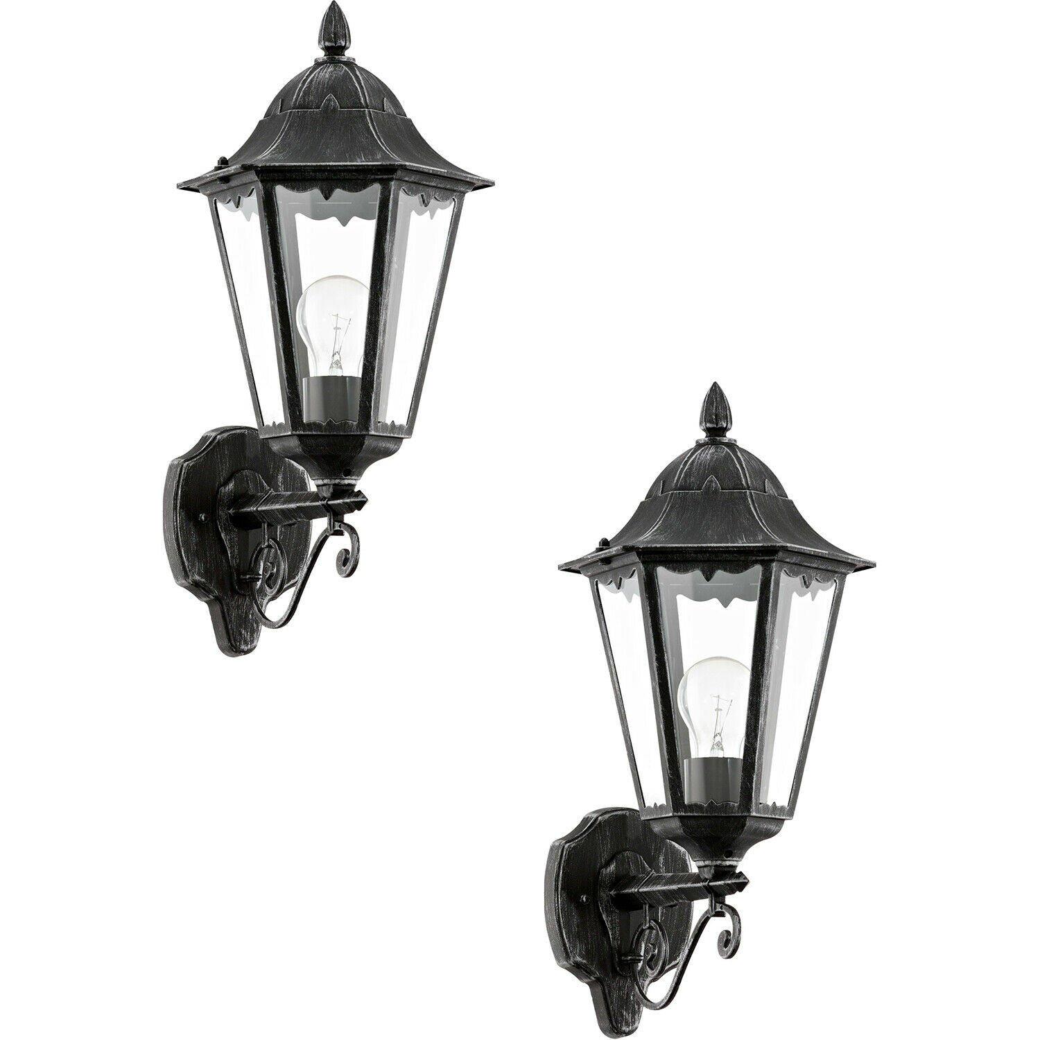 2 PACK IP44 Outdoor Wall Light Black & Silver Patina Up Lantern 1x 60W E27