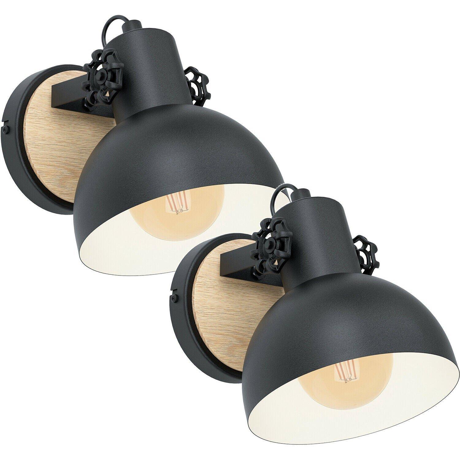 2 PACK LED Wall Light / Sconce Black & Wood Round Adjustable Shade 10W E27