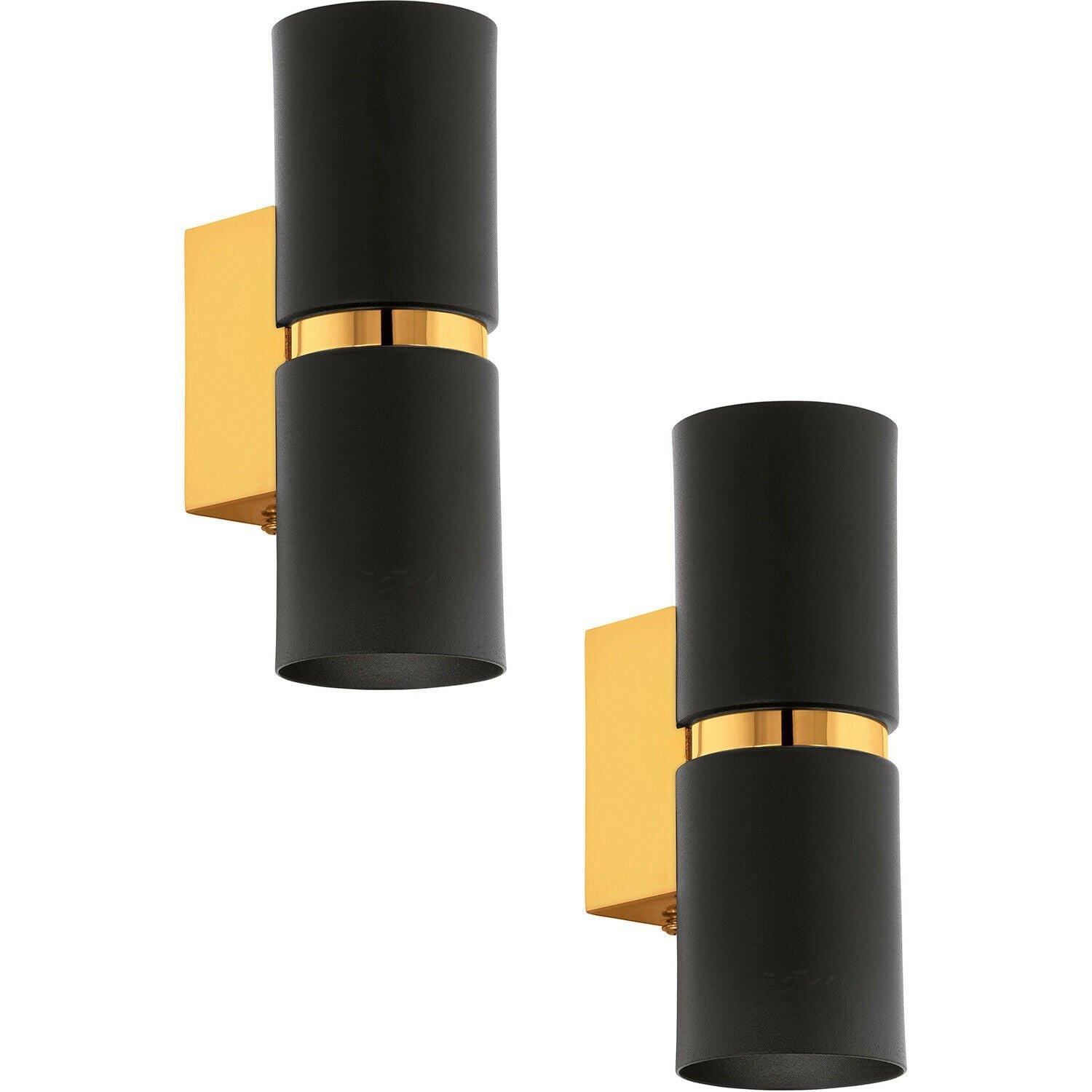 2 PACK Wall Light 2x Black Shades Gold Banding & Back Plate GU10 3.3W Included