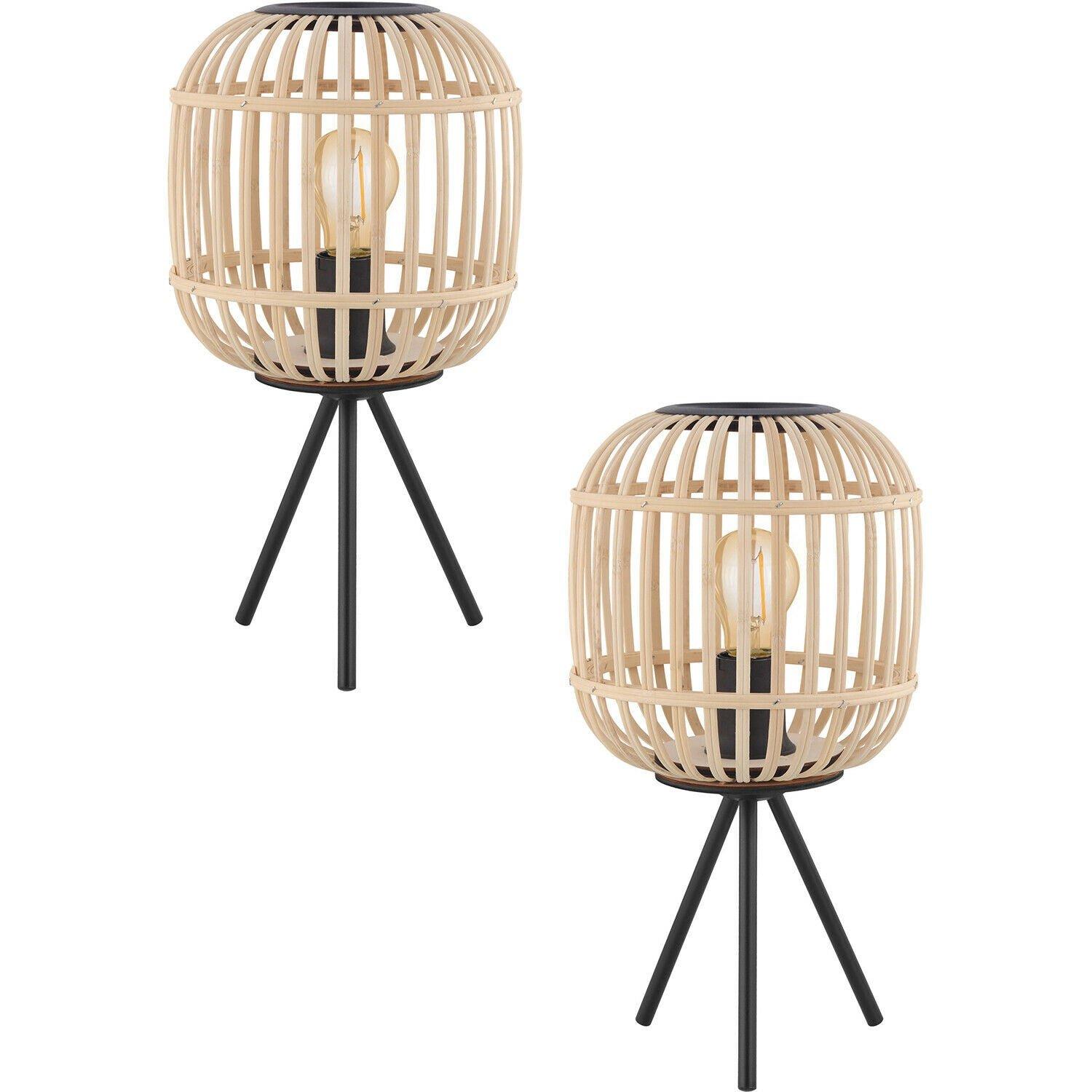 2 PACK Table Lamp Desk Light Black Tripod & Round Wood Cage Shade 1x 28W E27