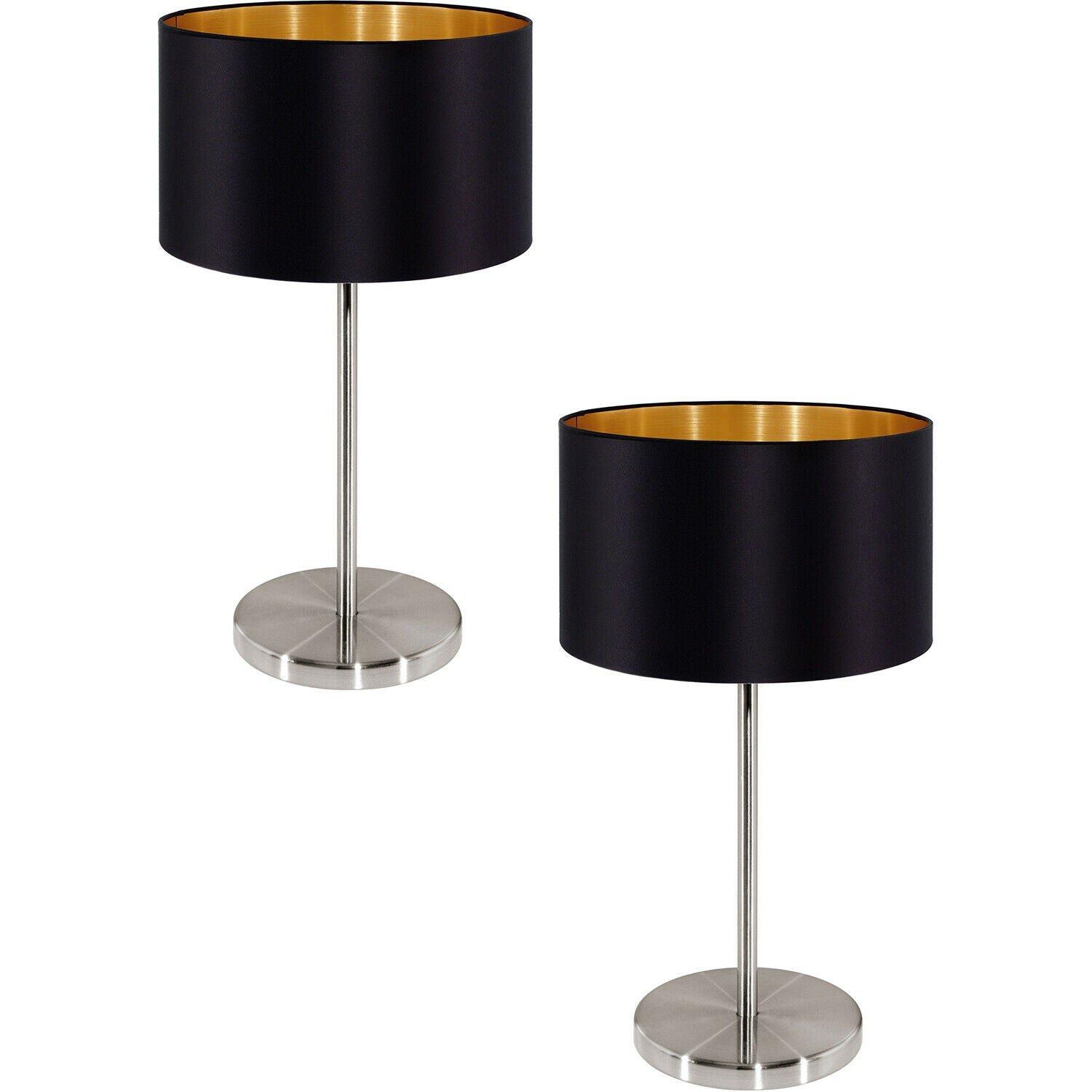 2 PACK Table Lamp Colour Satin Nickel Steel Shade Black Gold Fabric E27 1x60W