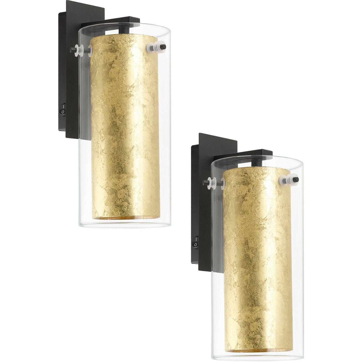 2 PACK Wall Light Colour Black Back Plate Shade Gold Inner Clear Glass E27 40W