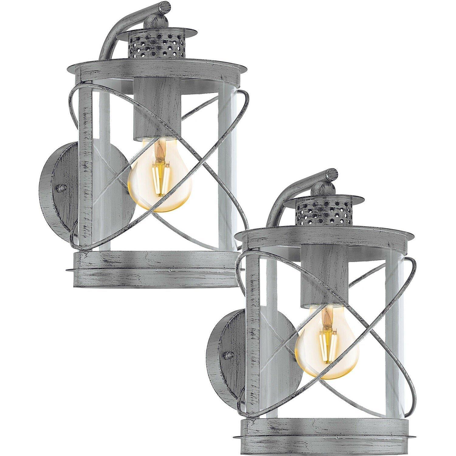 2 PACK IP44 Outdoor Wall Light Antique Silver & Glass Loop Lantern 60W E27
