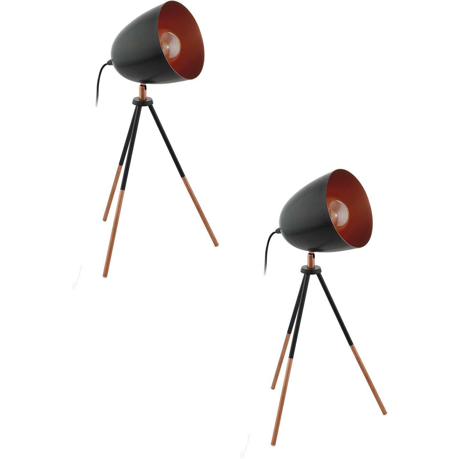 2 PACK Mini Tripod Table Lamp Desk Light Black & Copper Shade 1x 60W E27