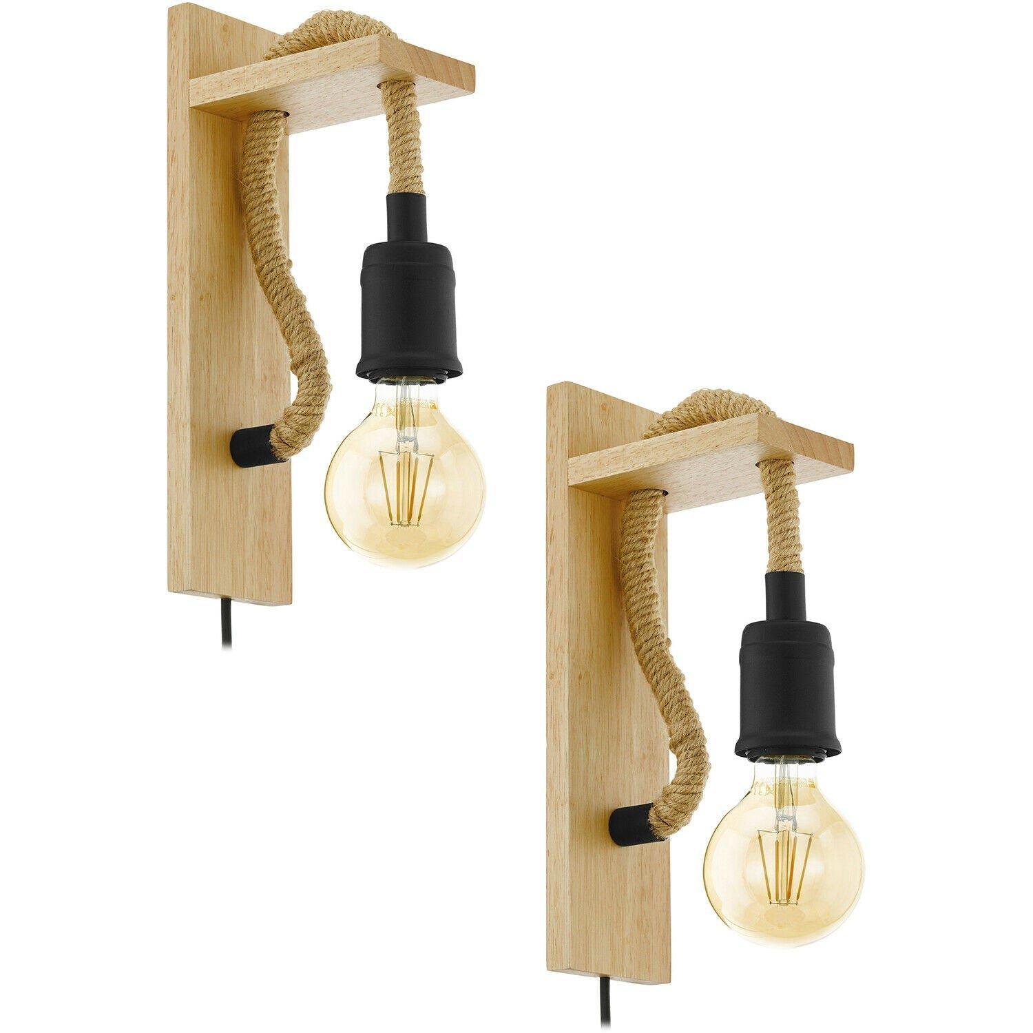 2 PACK LED Wall Light / Sconce Modern Wood & Rope Hangman Lamp 1x 10W E27