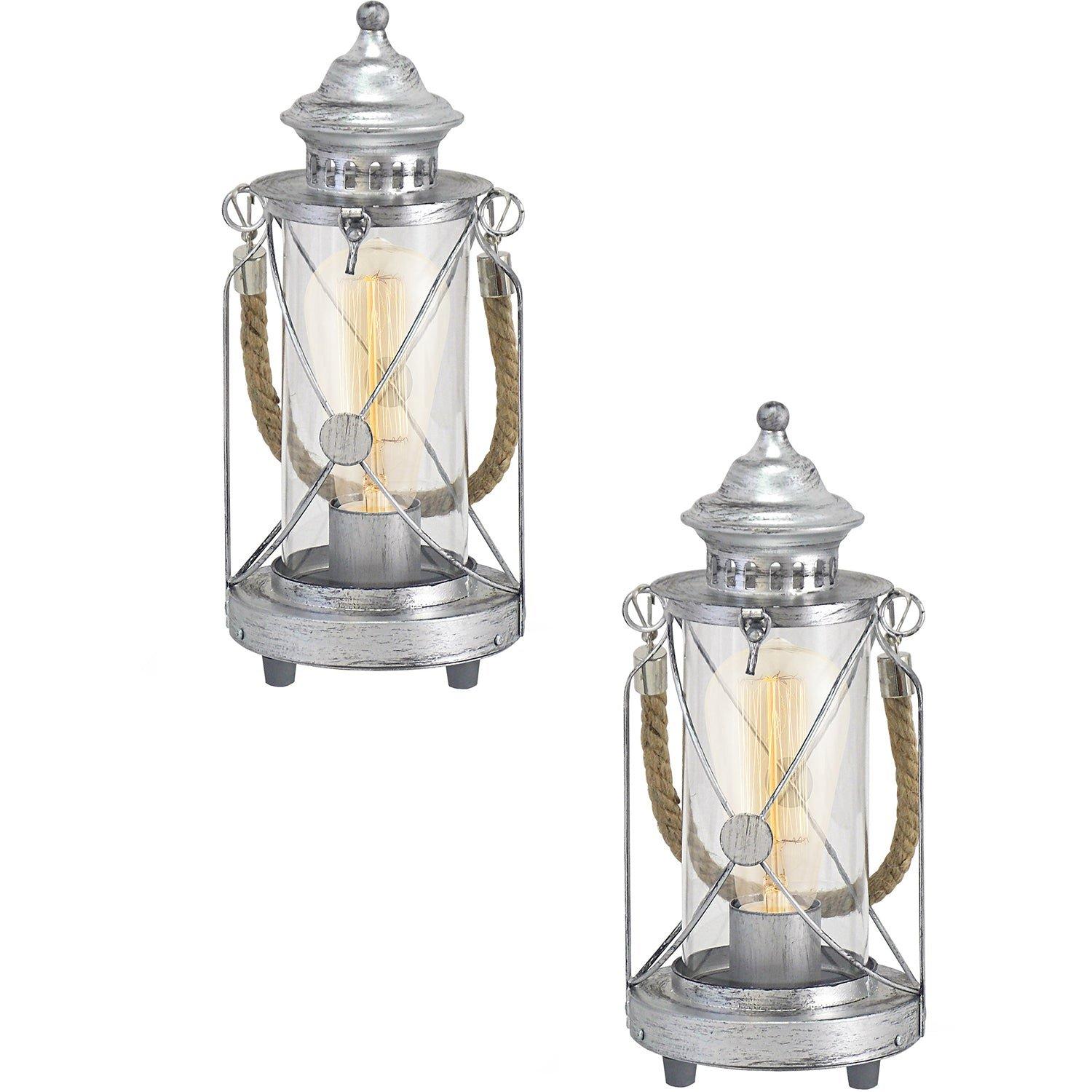2 PACK Table Lamp Desk Light Antique Silver & Glass Lantern Shade 1x 60W E27