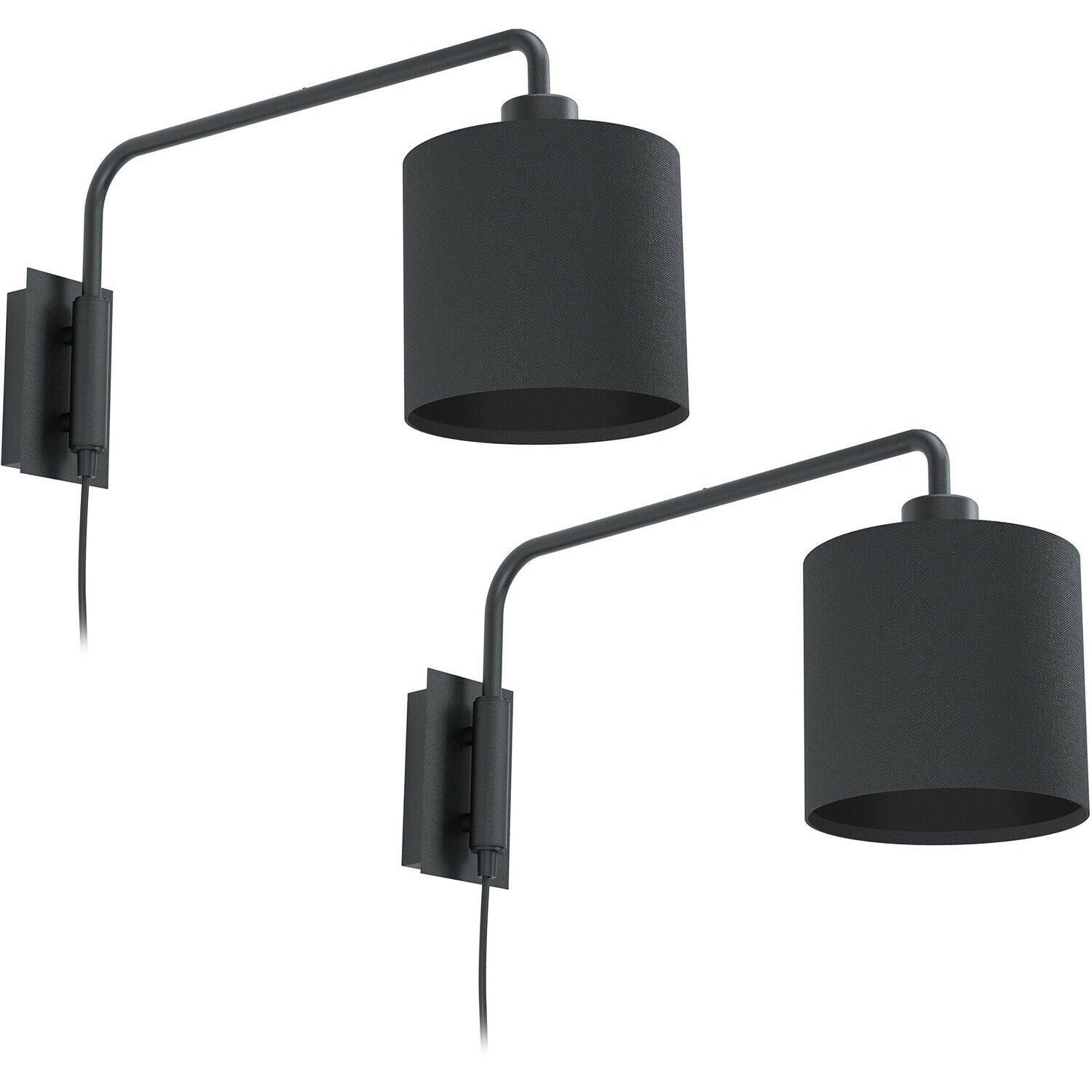2 PACK Wall Light Colour Black Shade Black Fabric In Line Switch Bulb E27 1x40W