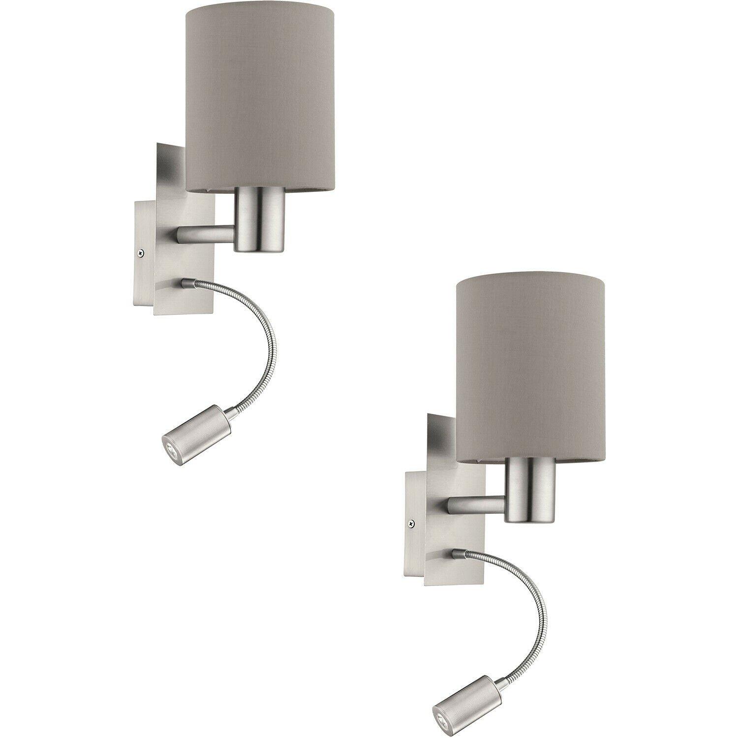 2 PACK Wall Light Colour Satin Nickel Shade Taupe Fabric E27 LED 1x40W 1x3.5W