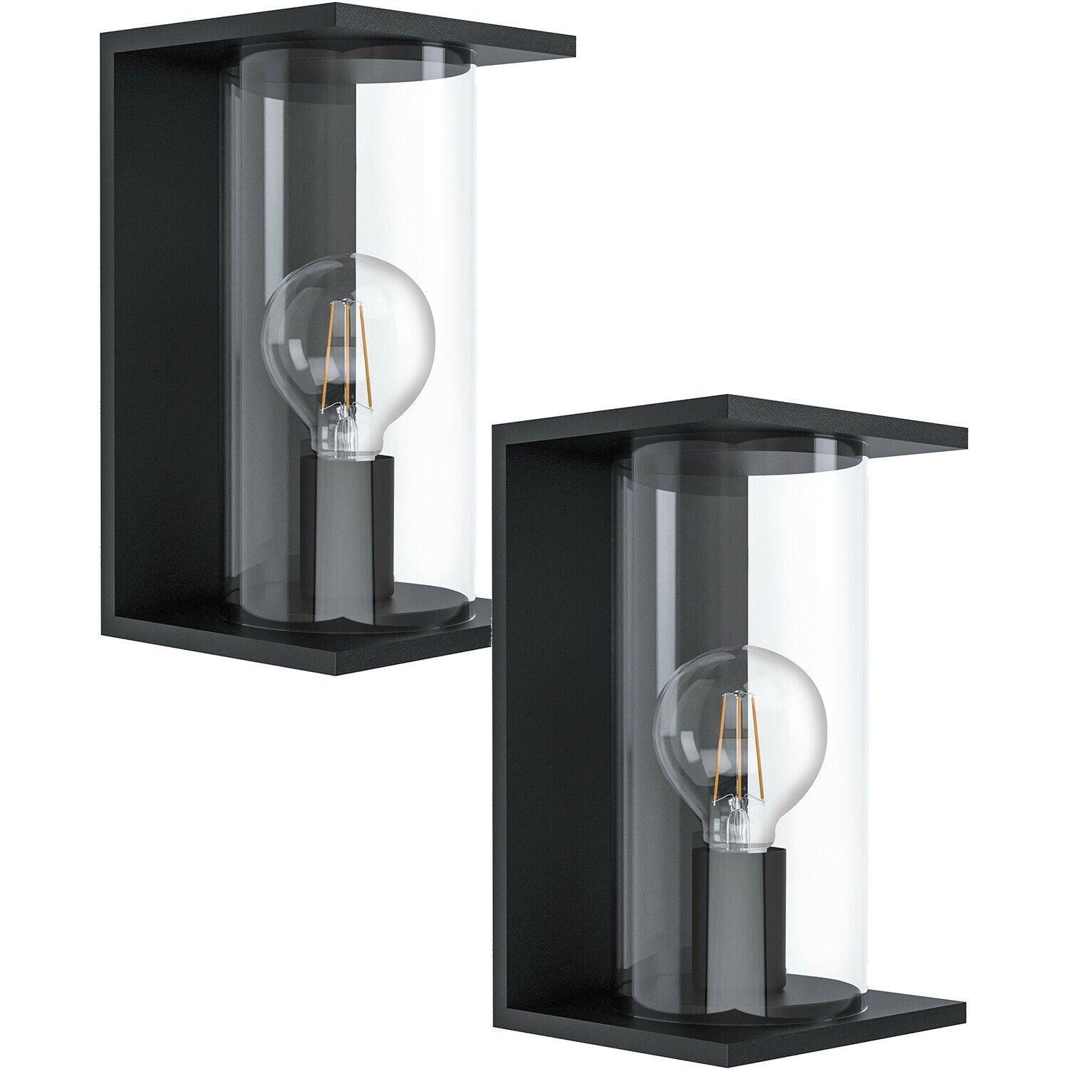 2 PACK IP54 Outdoor Wall Light Black Round Glass Lantern 40W E27 Porch Lamp