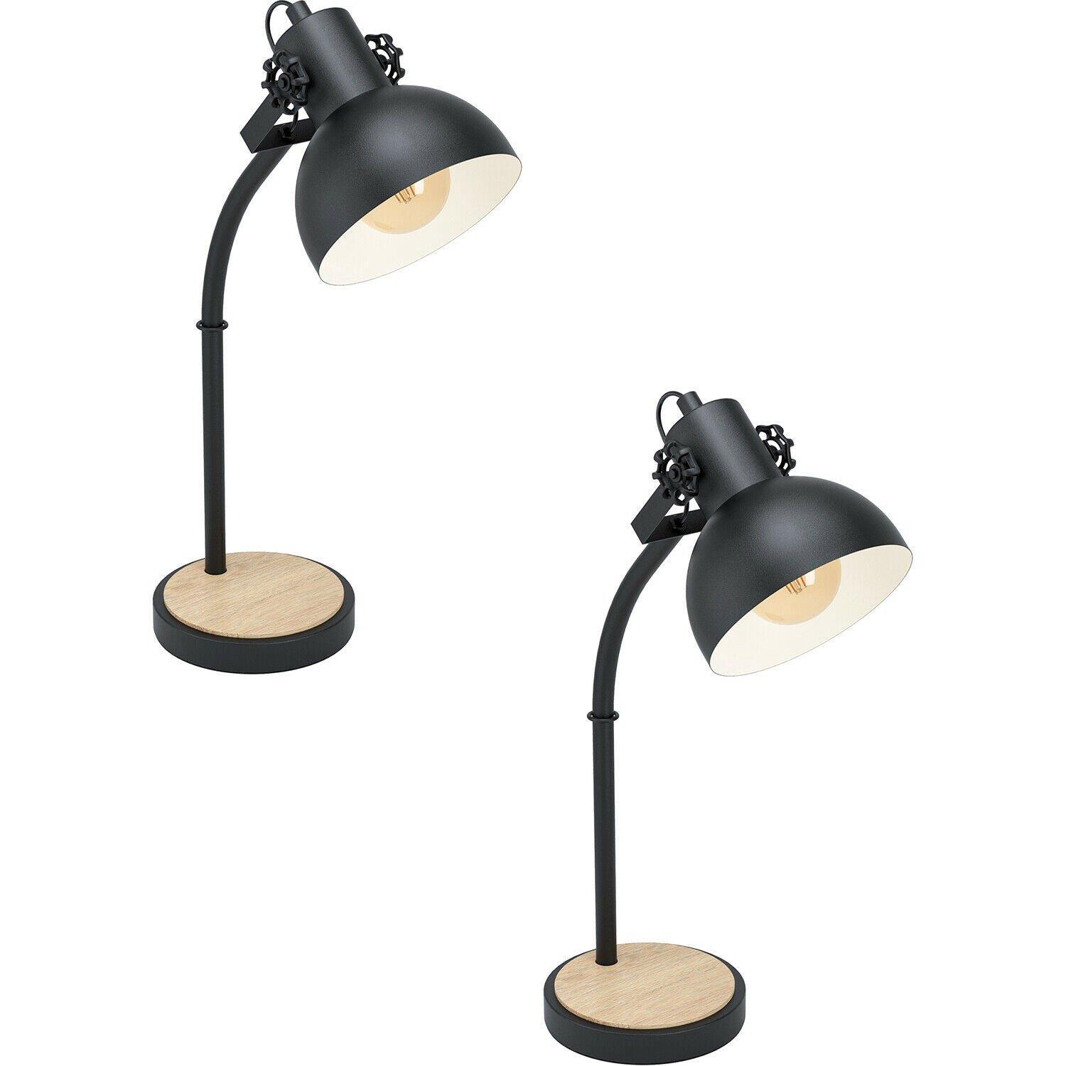 2 PACK Curved Table Lamp Desk Light Black Steel Shade & Wood Base 1x 28W E27