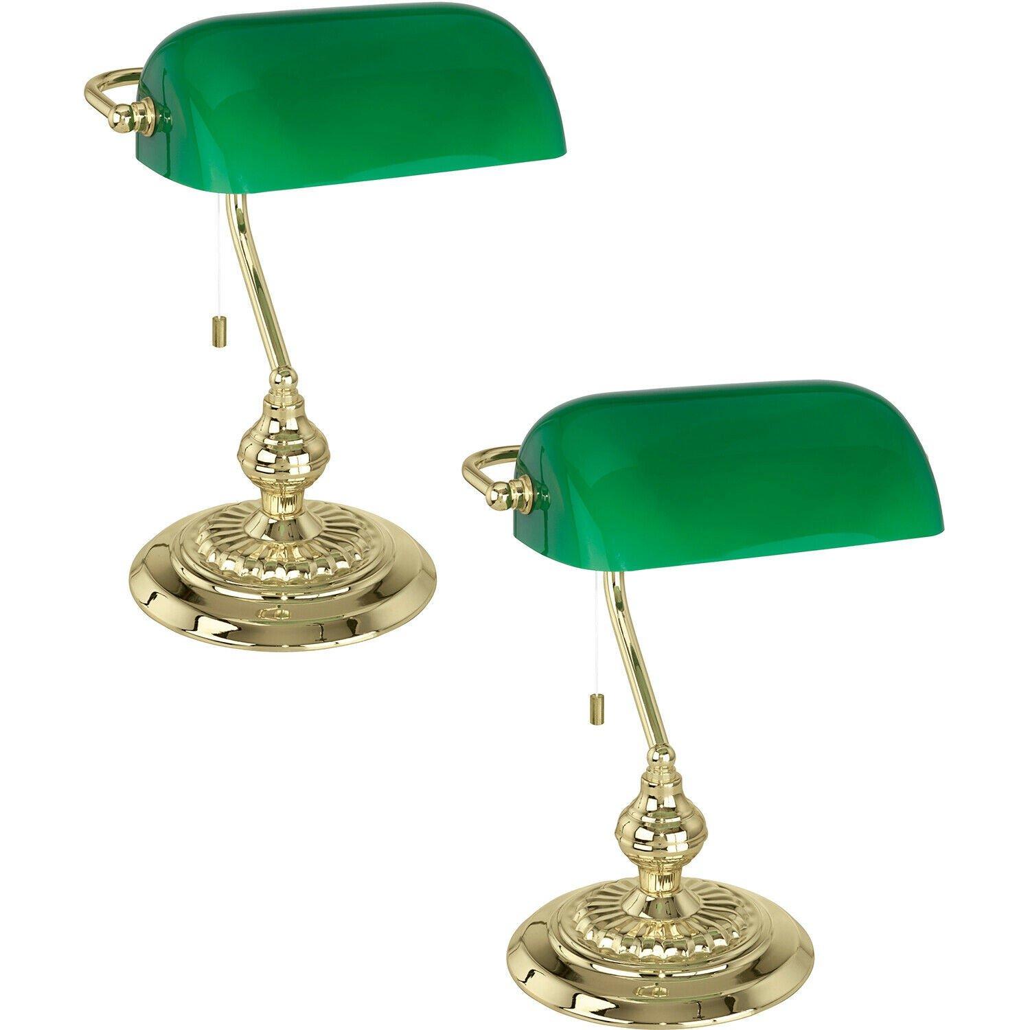 2 PACK Table Lamp Colour Brass Shade Green Glass Painted Pull Switch E27 1x60W