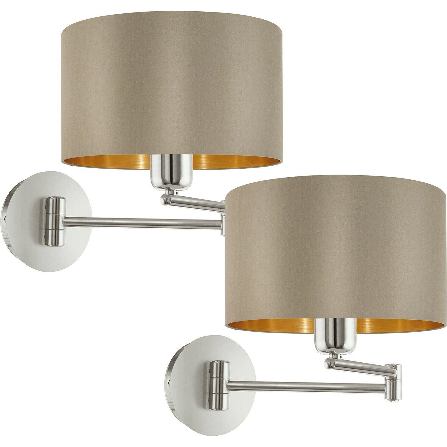 2 PACK Wall Light Satin Nickel Moveable Stem Shade Taupe Gold Fabric E27 1x60W