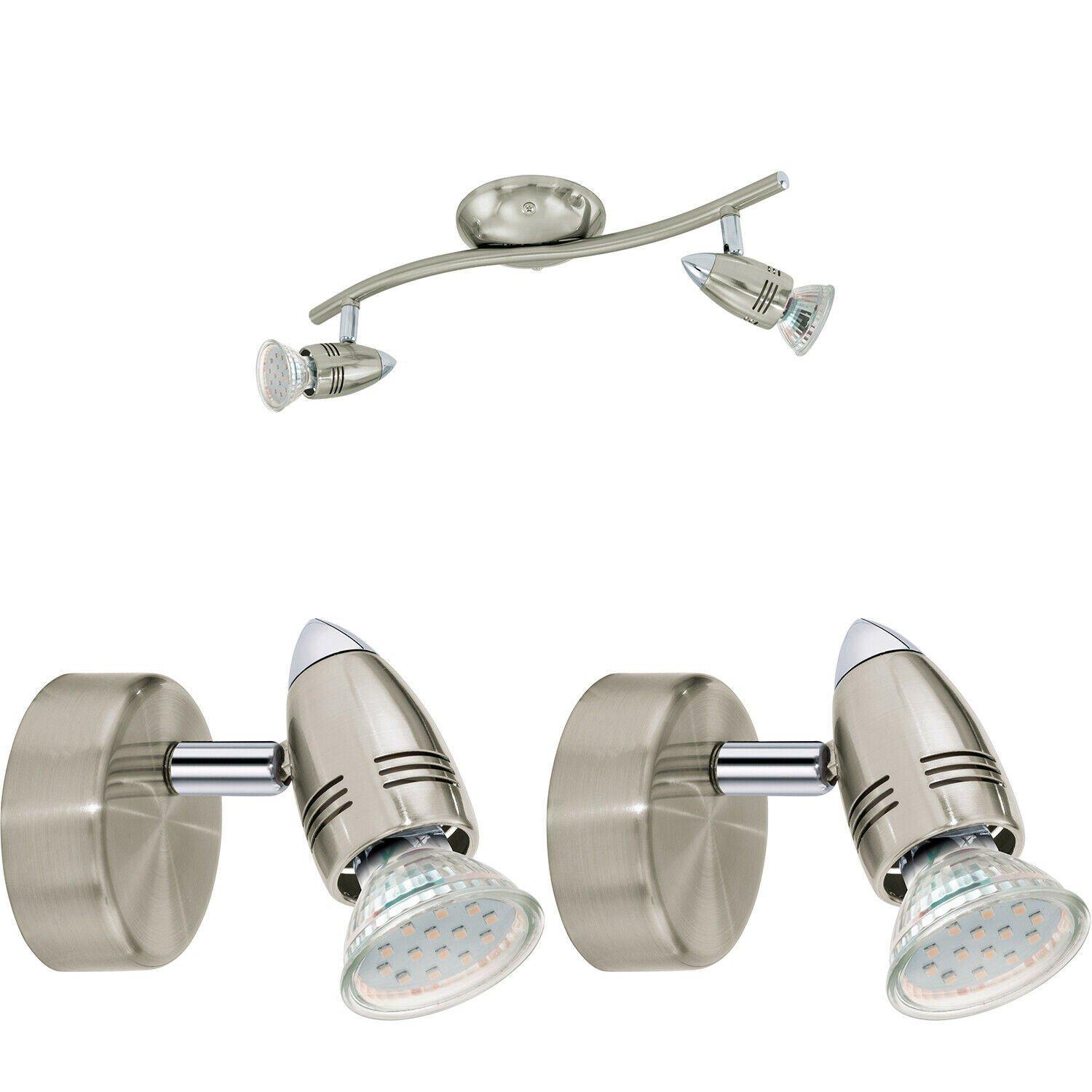 Twin Ceiling Spot Light & 2x Matching Wall Lights Satin Nickel Chrome Adjustable