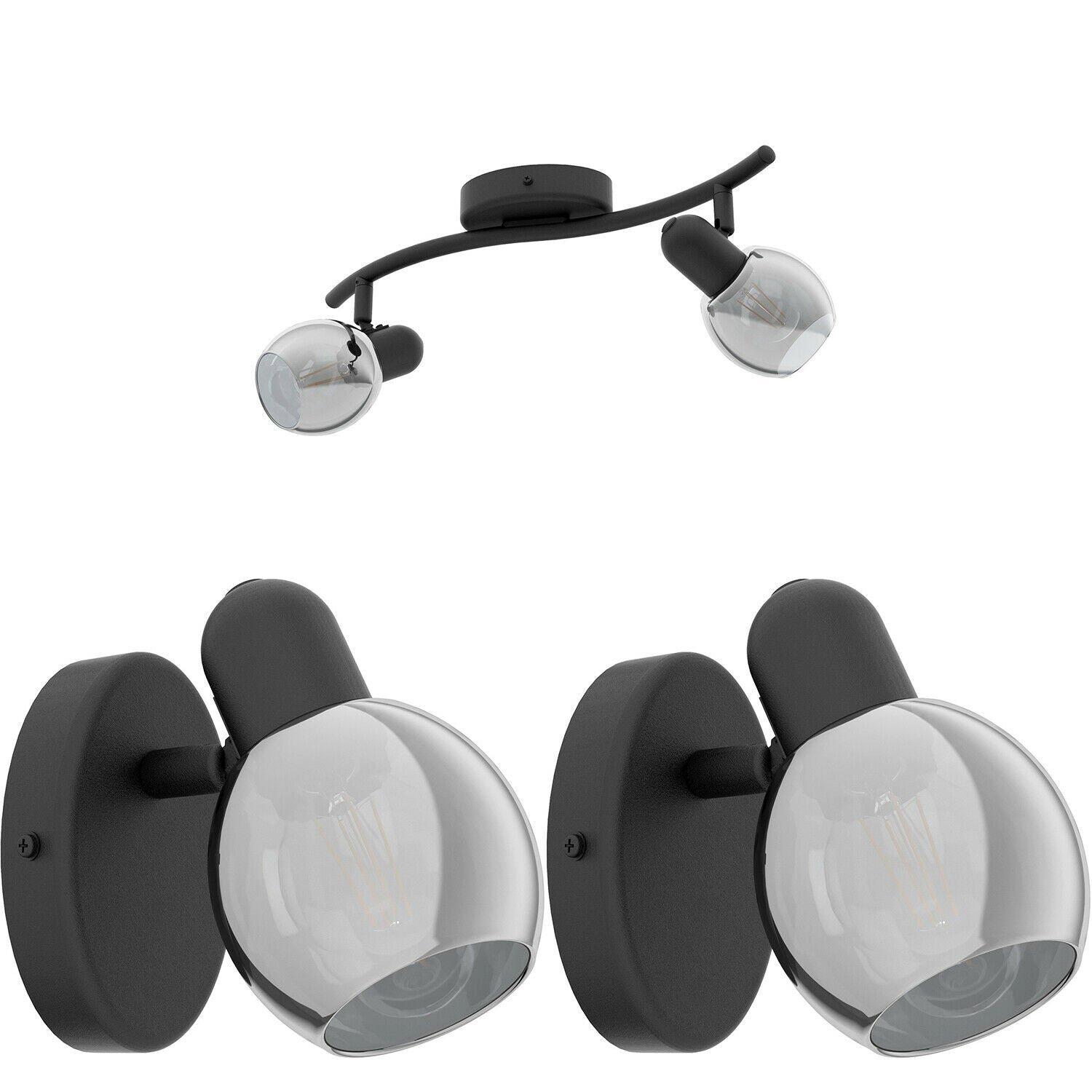 Twin Ceiling Spot Light & 2x Matching Wall Lights Black Vaporized Glass Moving