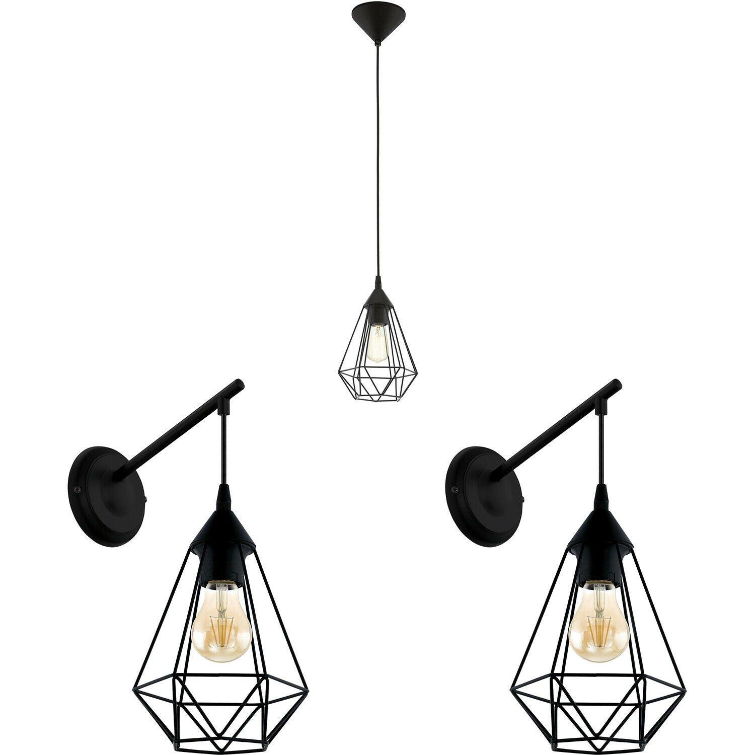 Ceiling Pendant Light & 2x Matching Wall Lights Black Geometric Wire Cage Lamp