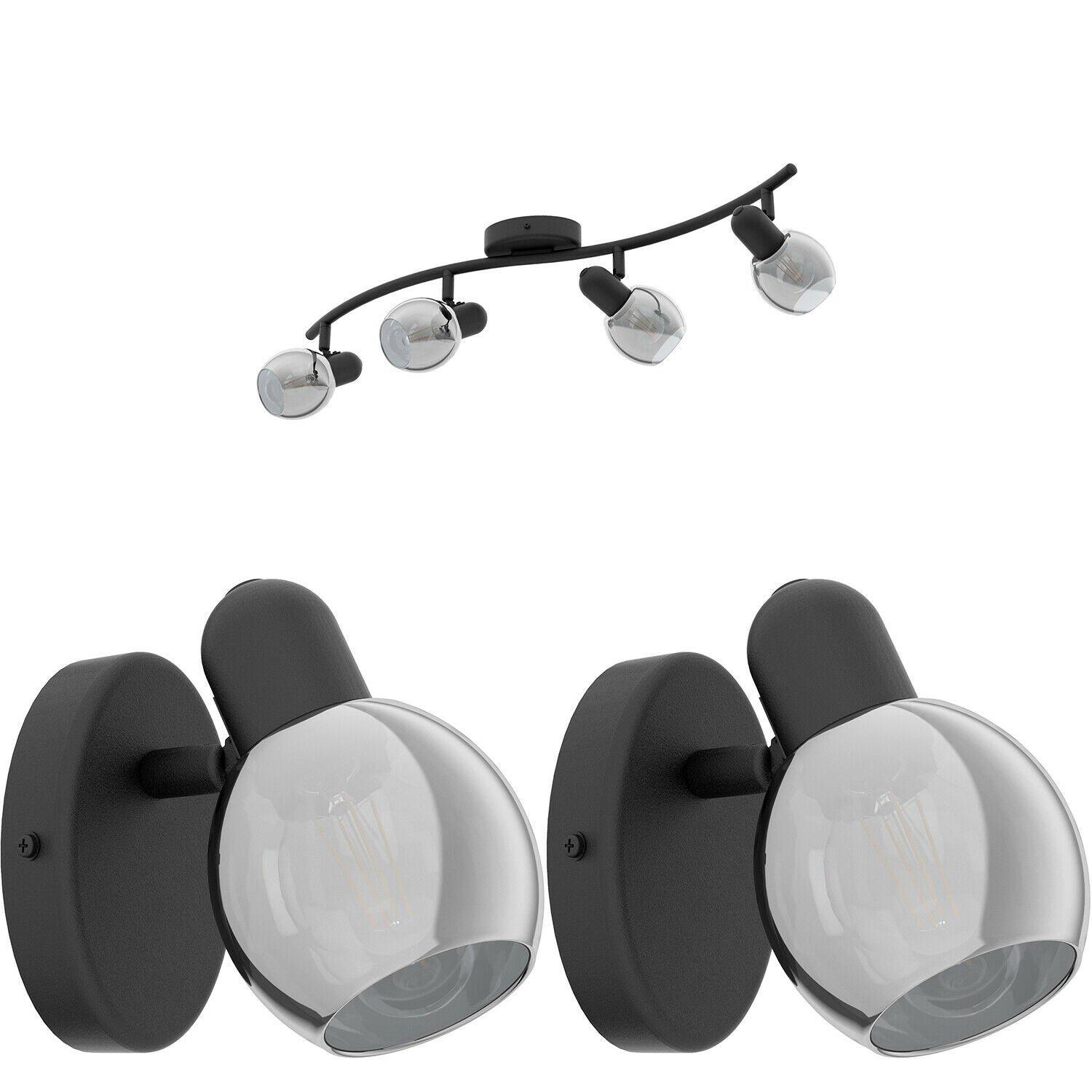 Quad Ceiling Spot Light & 2x Matching Wall Lights Black Vaporized Glass Shade
