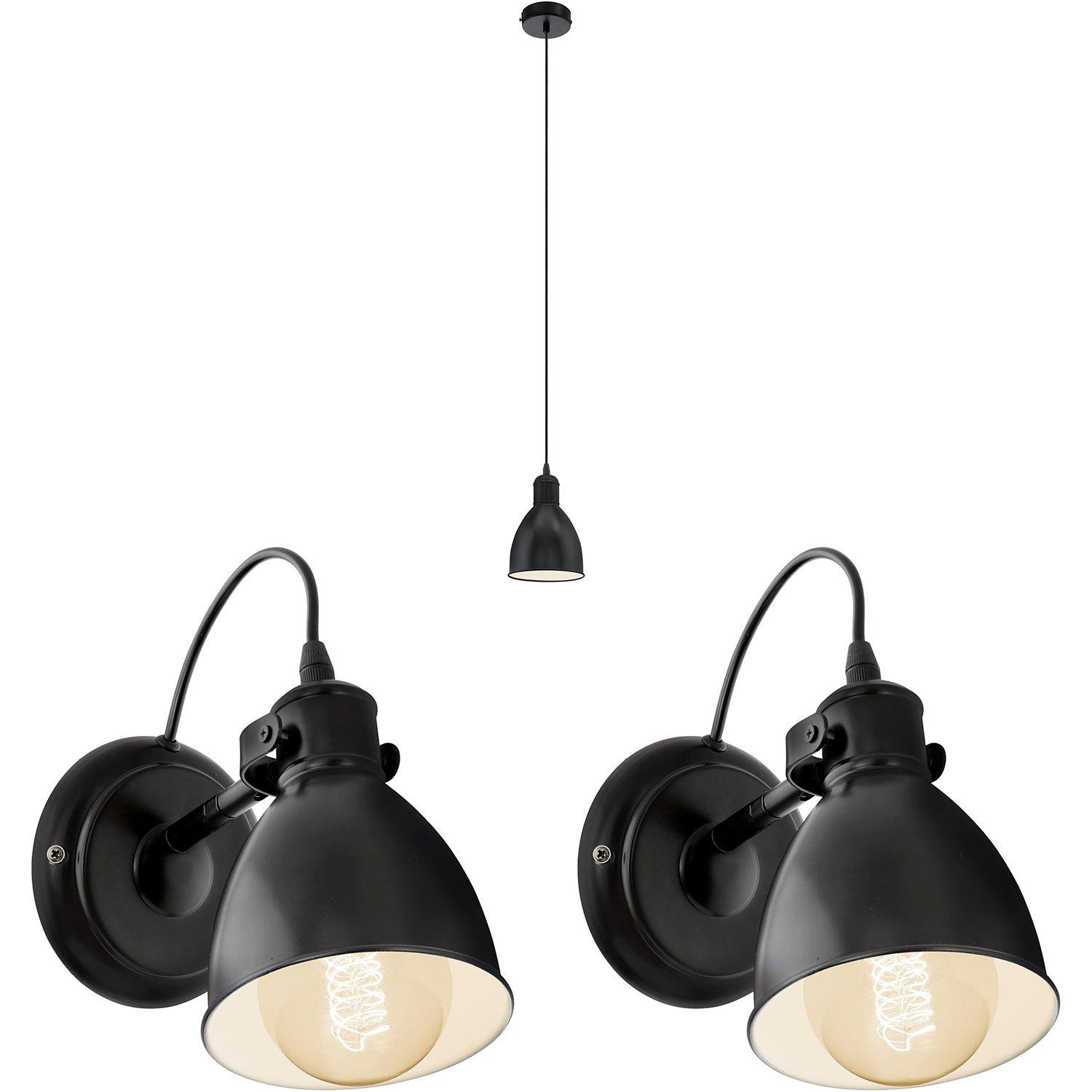 Ceiling Pendant Light & 2x Matching Wall Lights Black Industrial Lamp Shade
