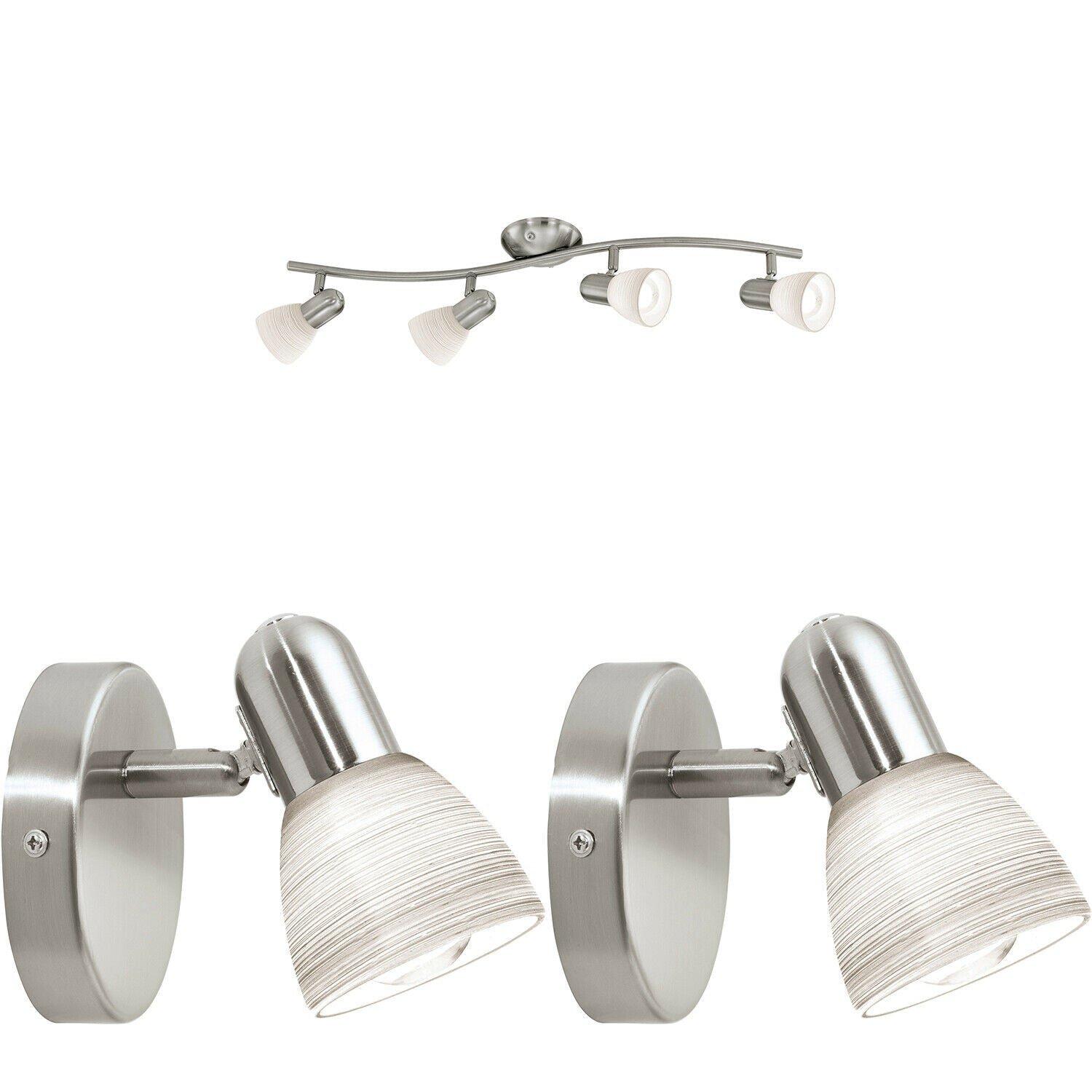 Quad Ceiling Spot Light & 2x Matching Wall Lights Satin Nickel Opal Glass Shade