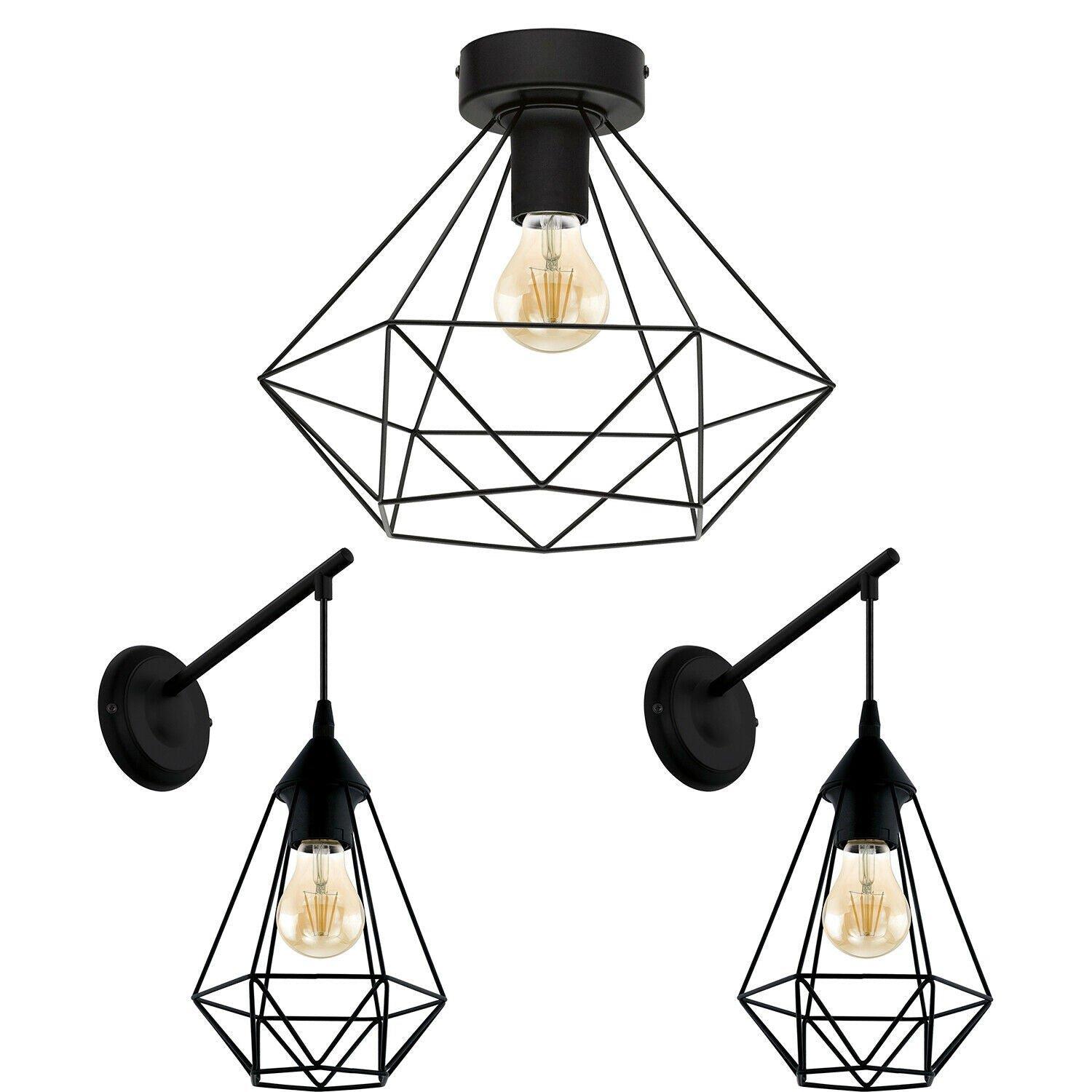 Low Ceiling Light & 2x Matching Wall Lights Black Geometric Wire Cage Shade