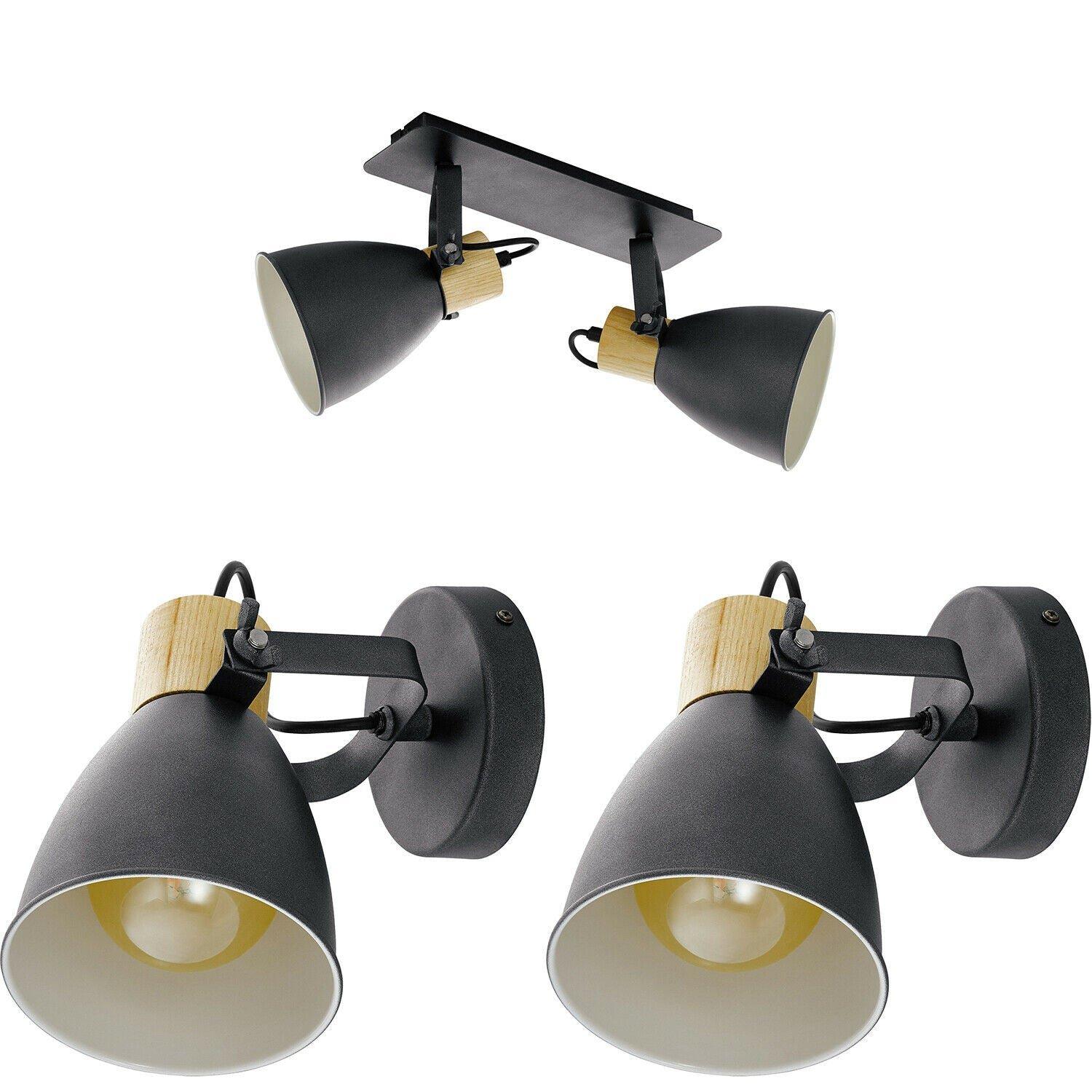Twin Ceiling Spot Light & 2x Matching Wall Lights Black & Wood Shade Moving Head
