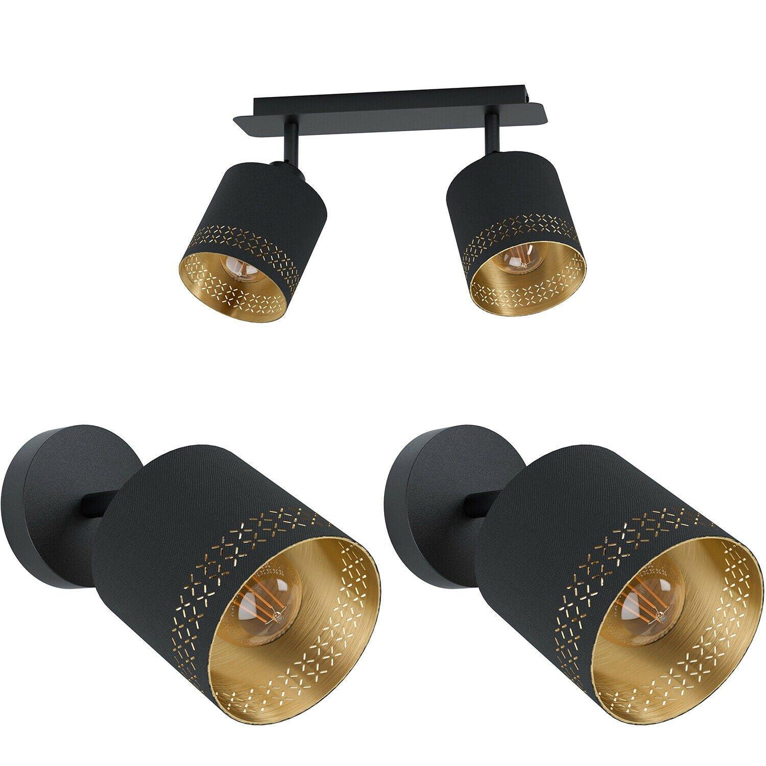 Twin Ceiling Spot Light & 2x Matching Wall Lights Black & Gold Shade Moving Head