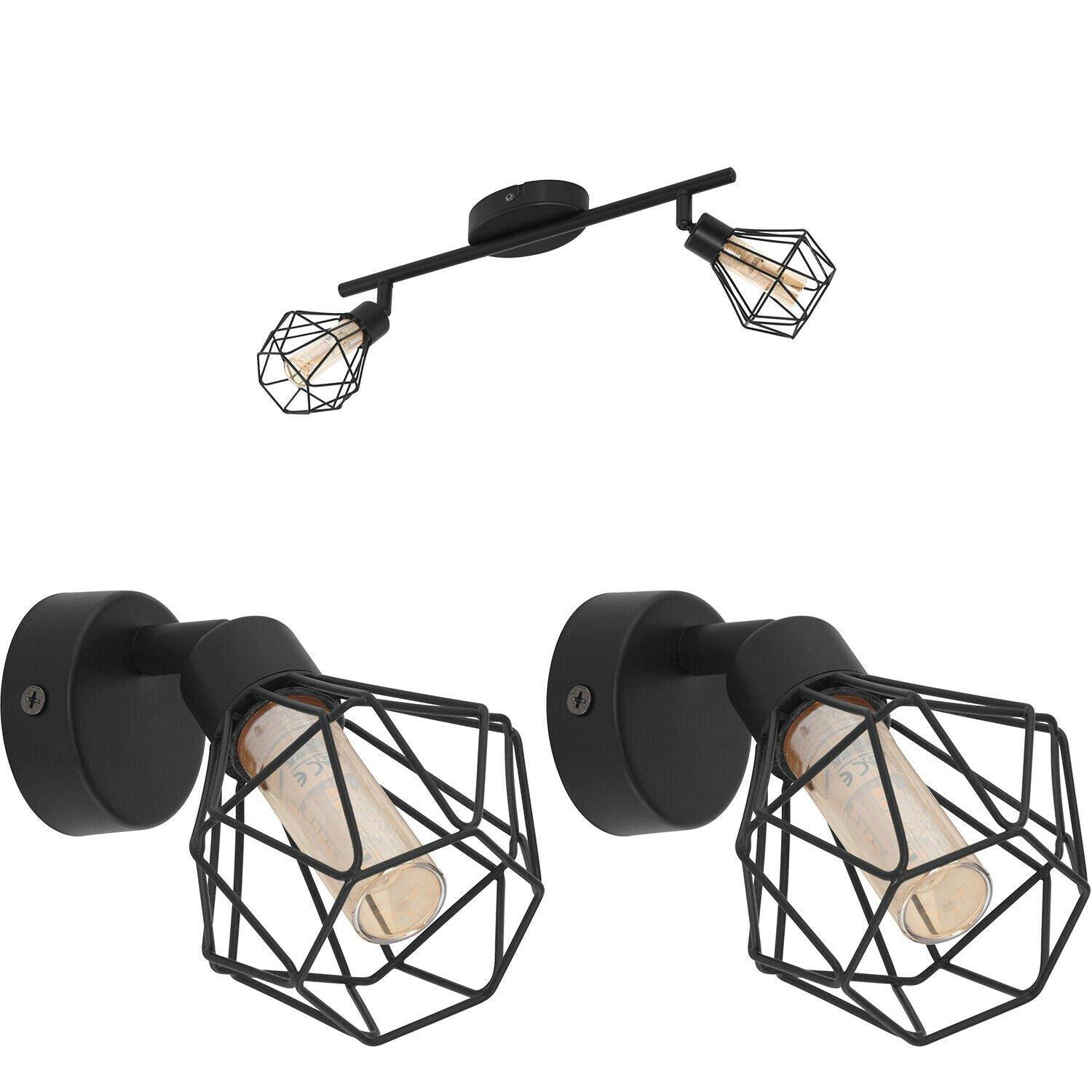 Twin Ceiling Spot Light & 2x Matching Wall Lights Black Modern Cage Moving Head