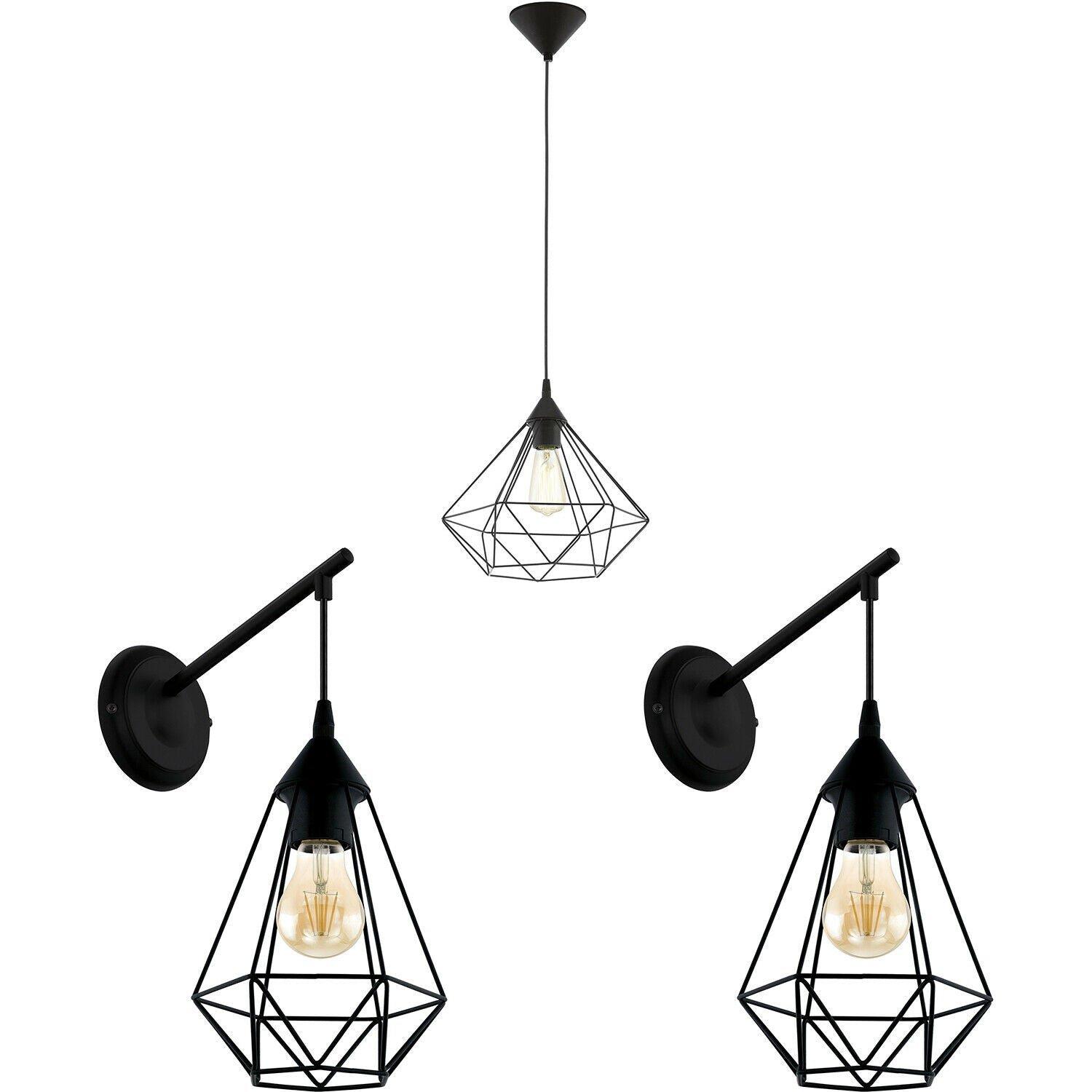 Ceiling Pendant Light & 2x Matching Wall Lights Black Geometric Cage Wire Lamp